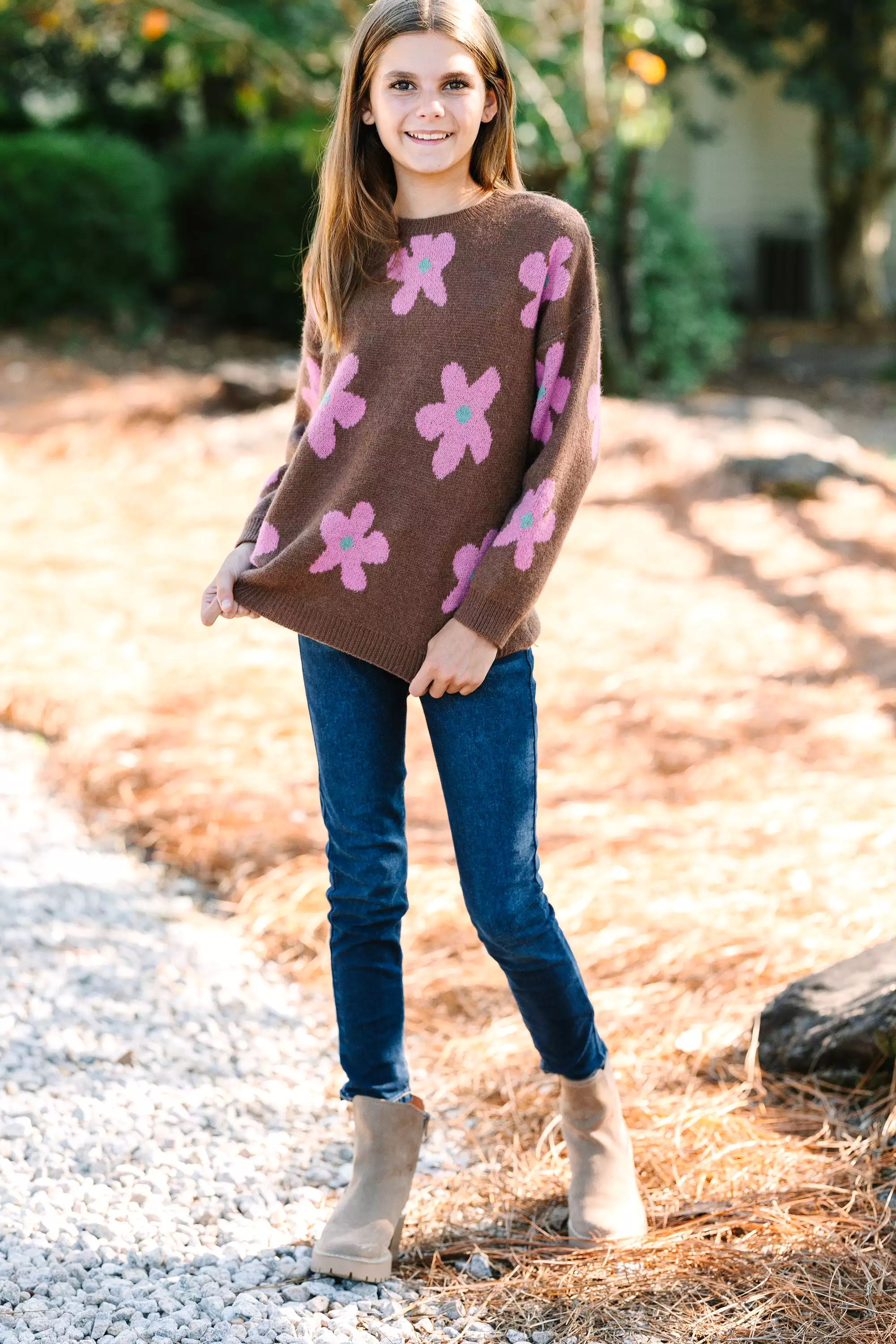 Girls Fun Brown Floral Sweater