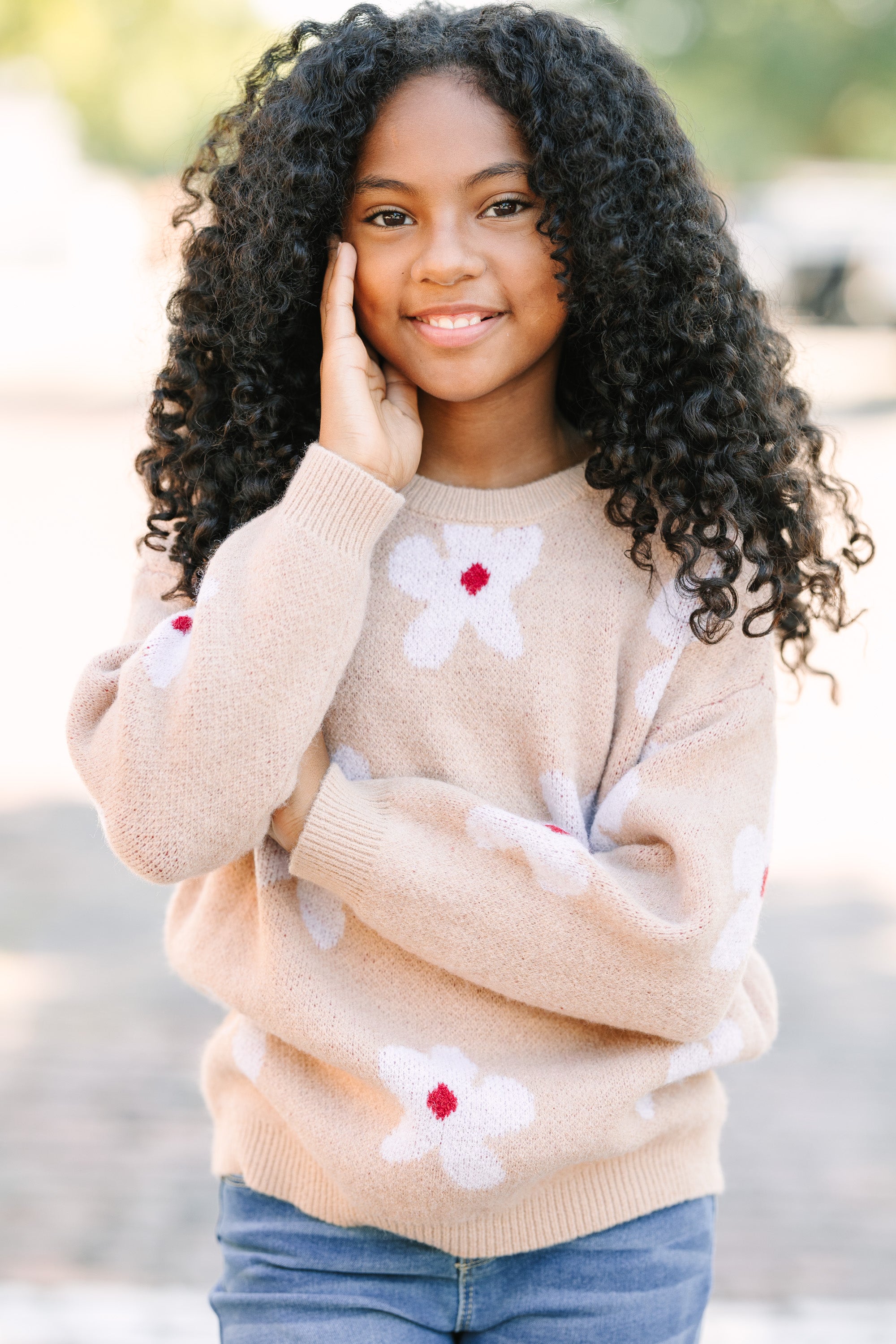 Girls' Fun Sand Brown Floral Sweater