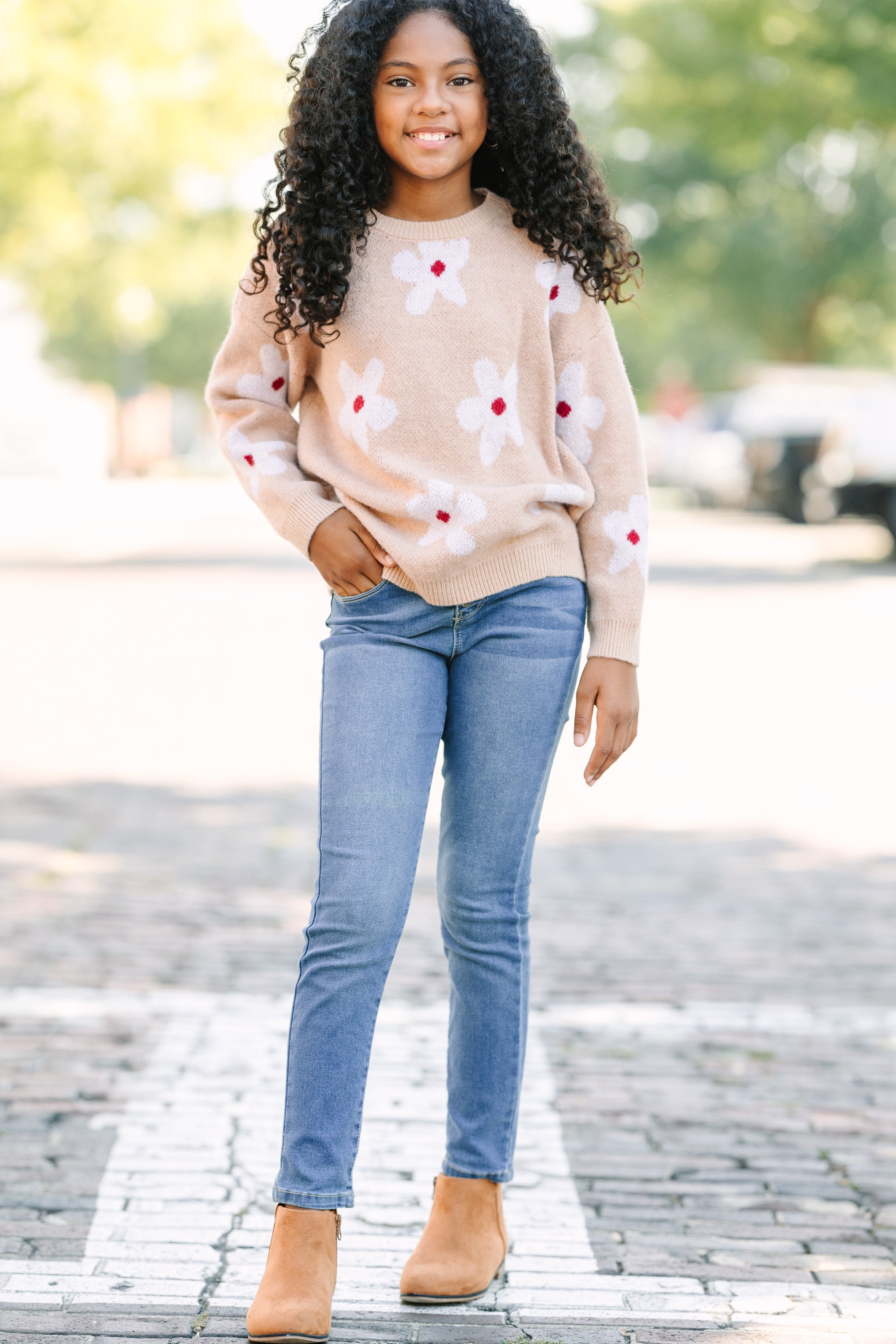 Girls' Fun Sand Brown Floral Sweater