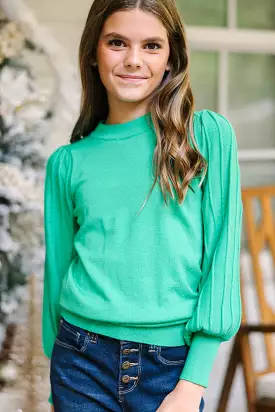 Girls Green Bubble Sleeve Sweater: Earned Adoration | $ - Available Now