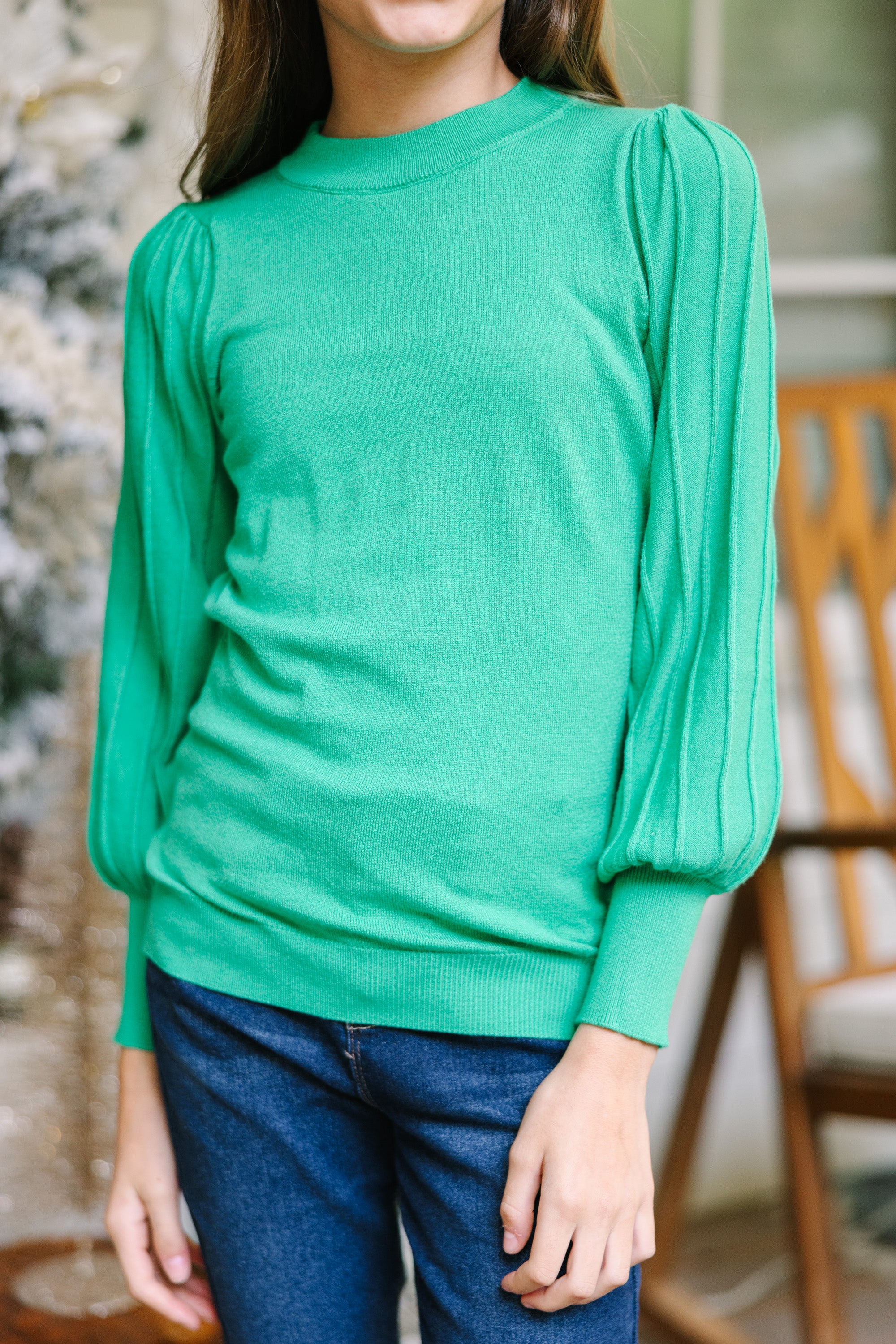 Girls Green Bubble Sleeve Sweater: Earned Adoration | $ - Available Now