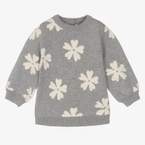 Grey Floral Knit Sweater for Girls