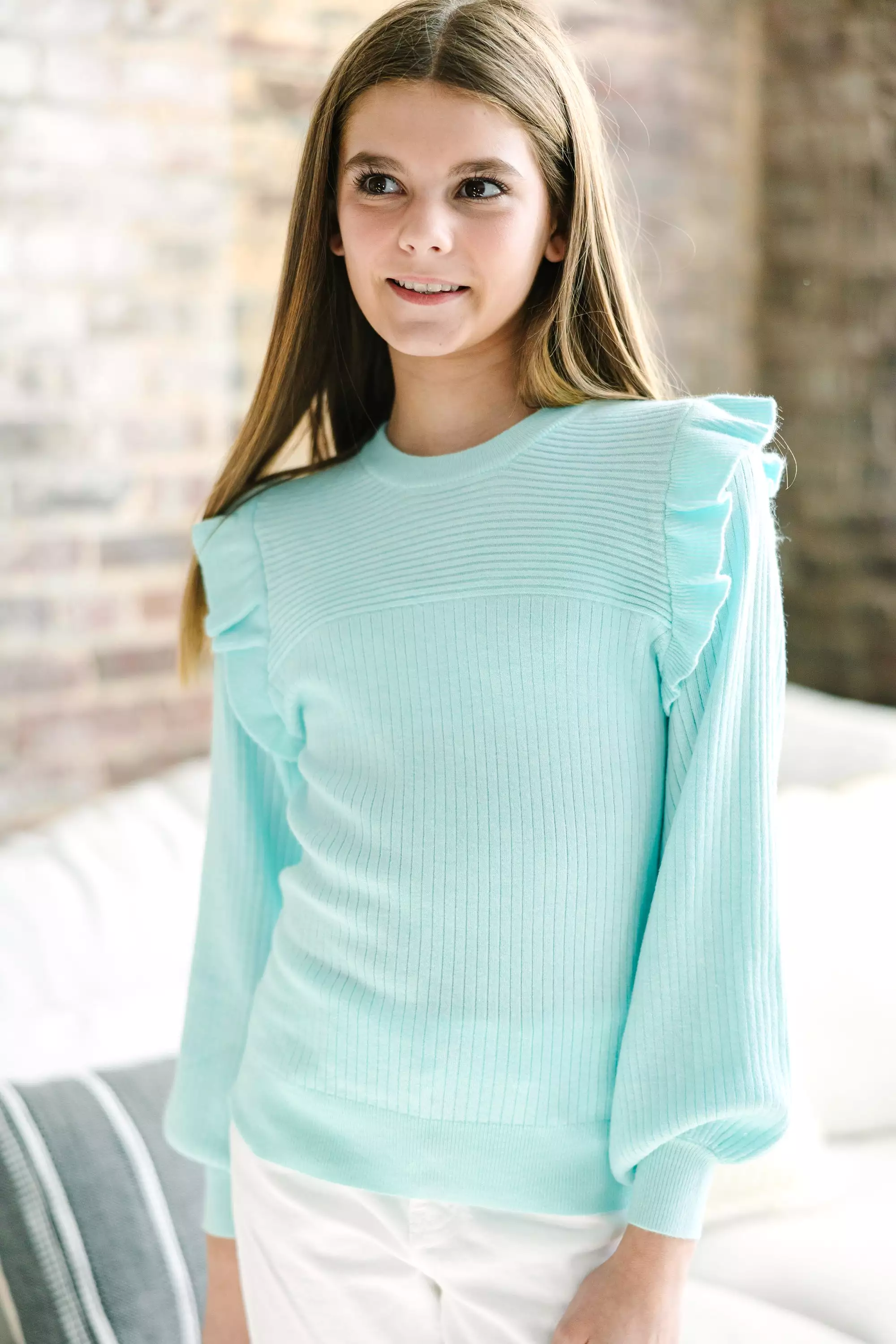 Girls Ice Blue Ruffled Sweater - Shop Now!