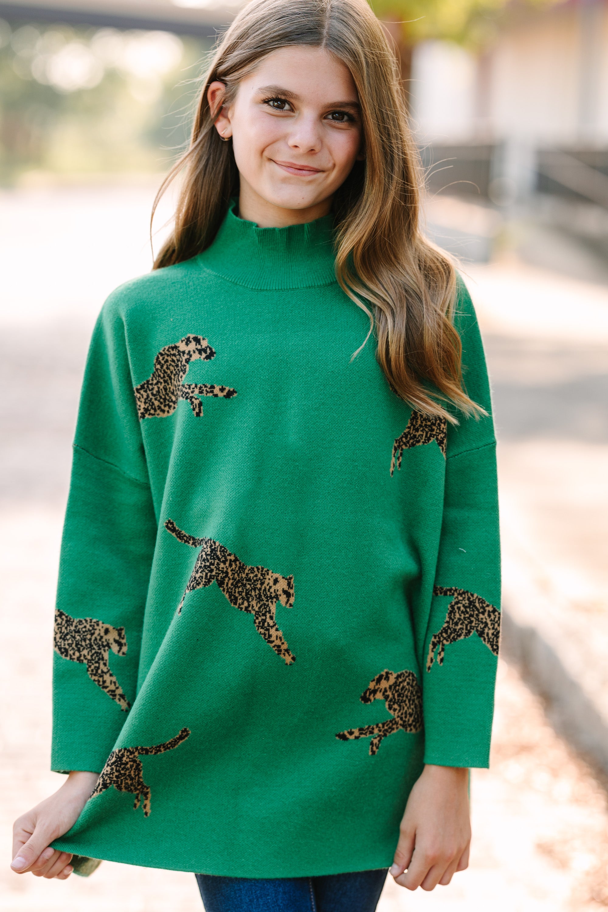 Girls Kelly Green Cheetah 3/4 Sleeve Sweater - Quick Decisions