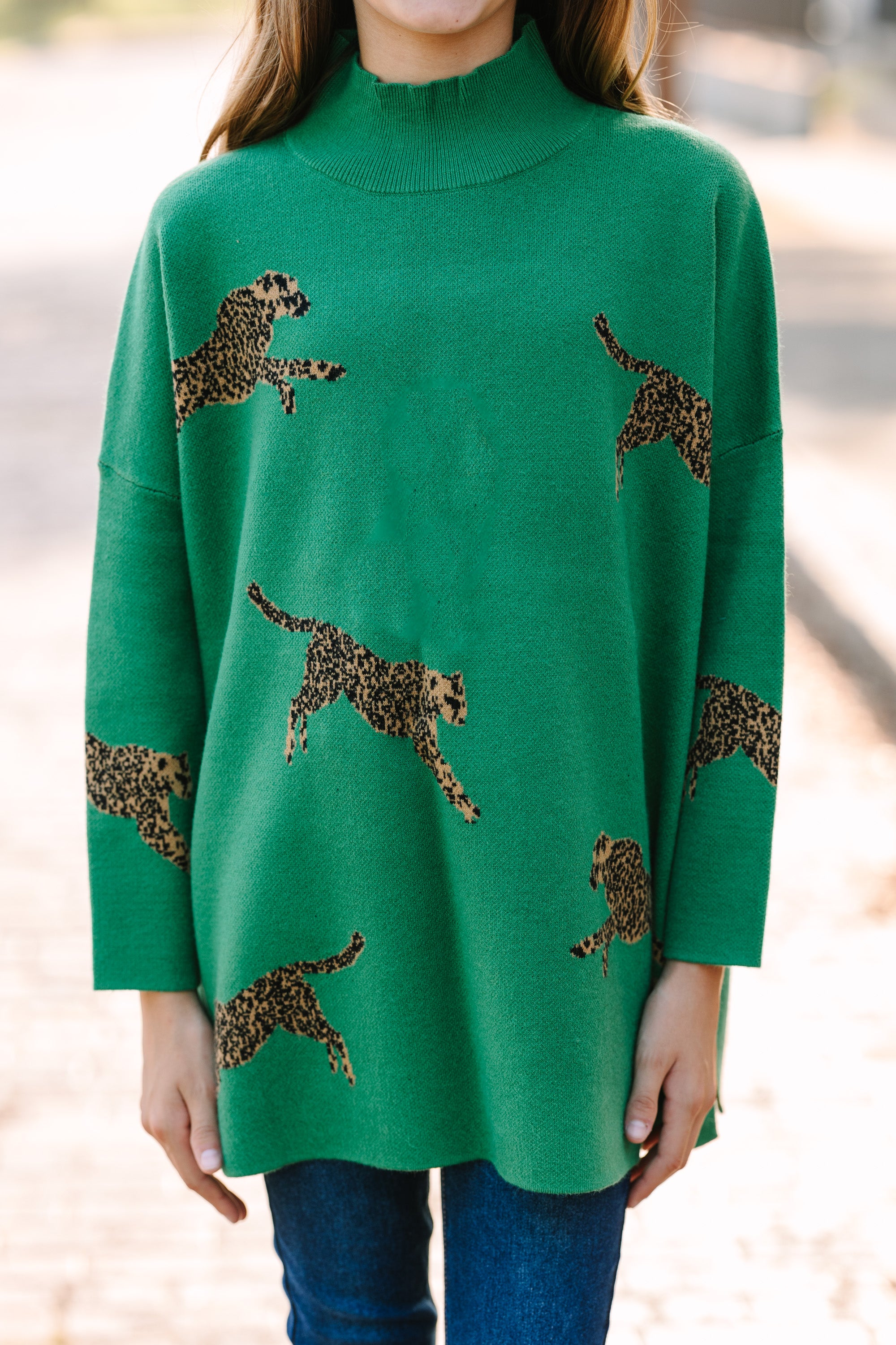 Girls Kelly Green Cheetah 3/4 Sleeve Sweater - Quick Decisions