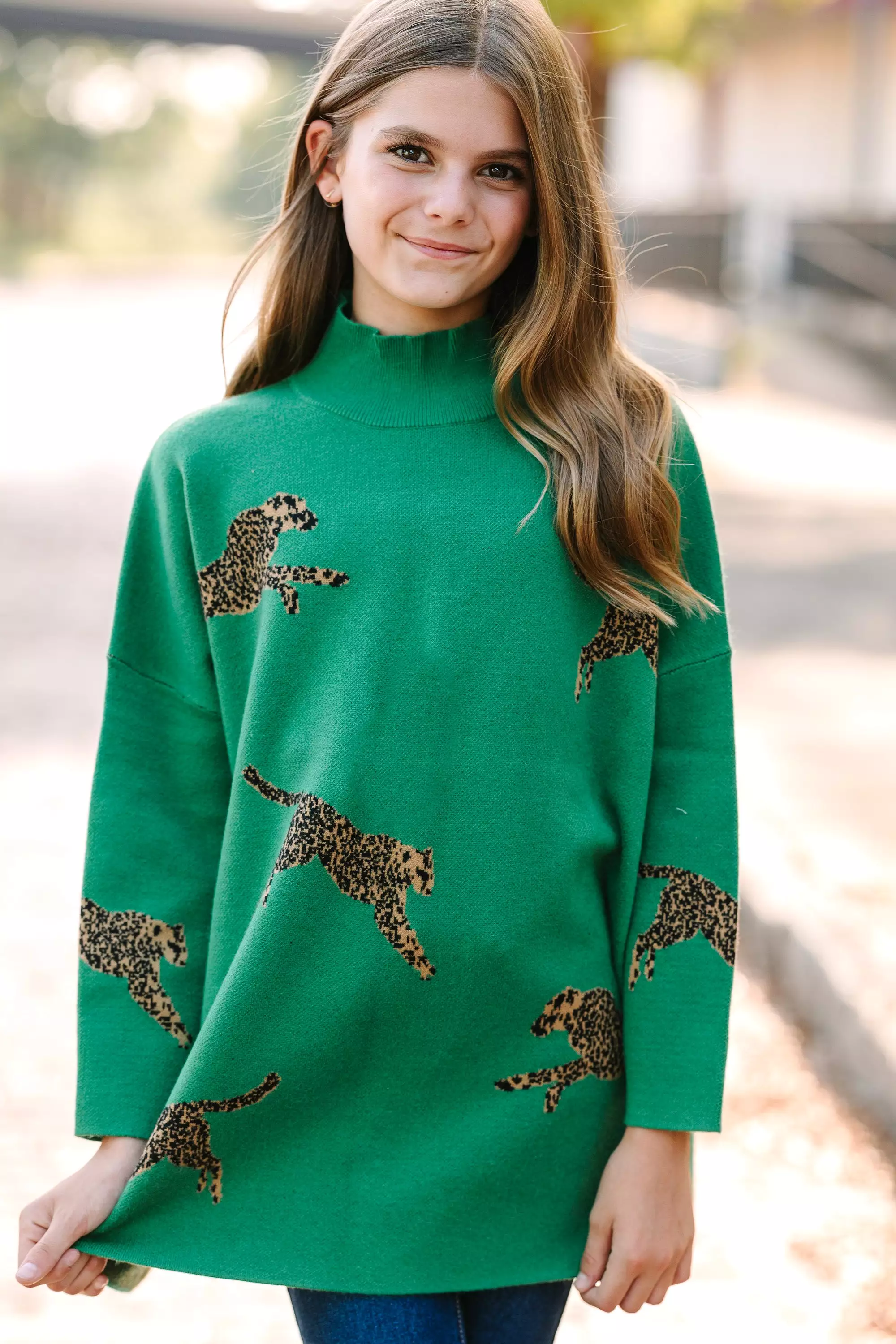 Girls: Kelly Green Cheetah 3/4 Sleeve Sweater - Quick Decisions