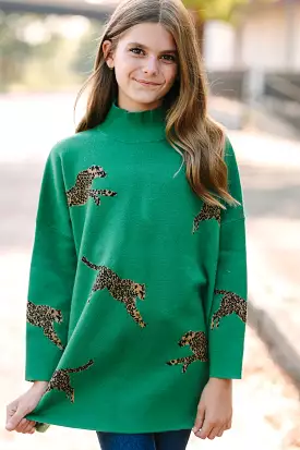 Girls: Kelly Green Cheetah 3/4 Sleeve Sweater - Quick Decisions