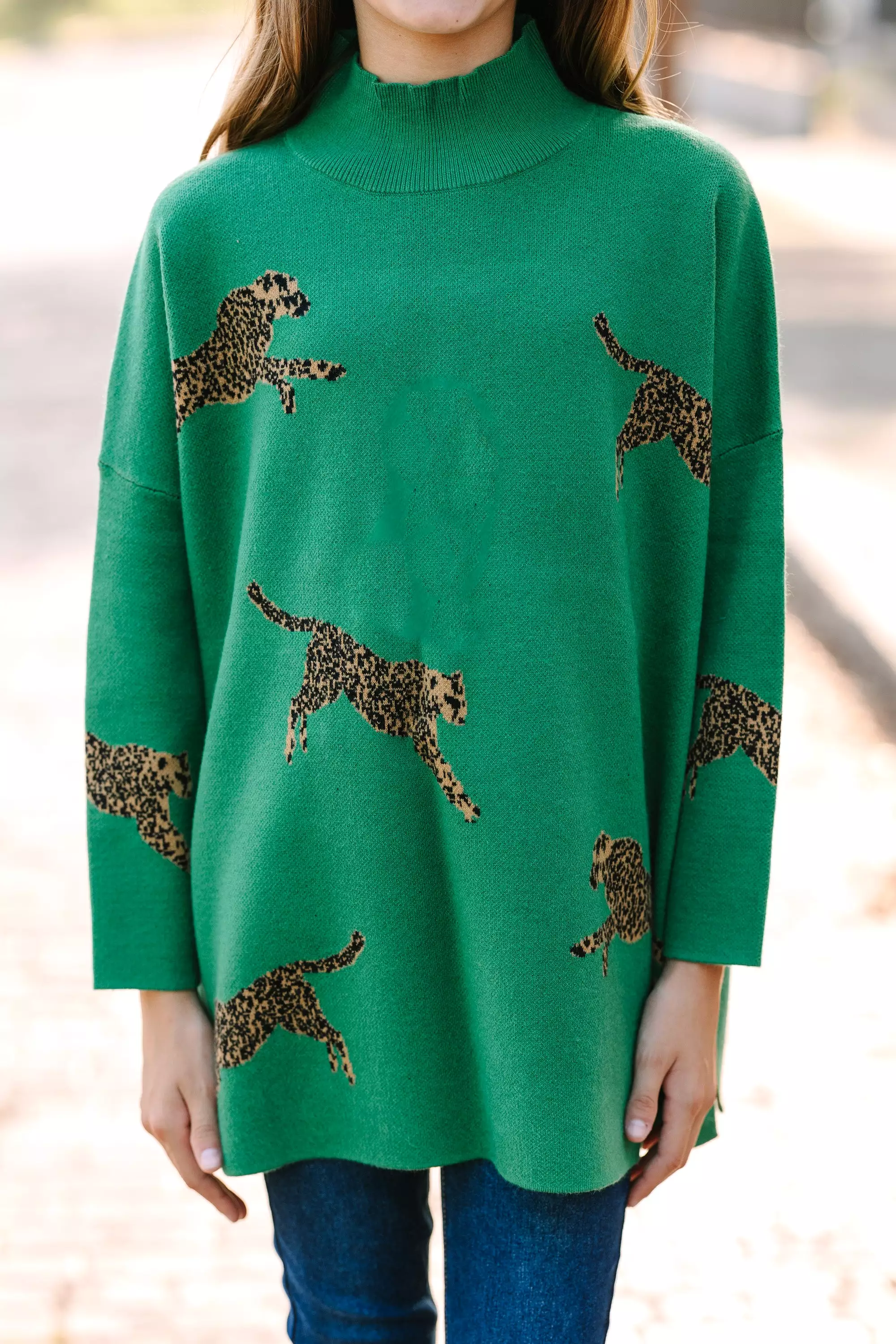 Girls: Kelly Green Cheetah 3/4 Sleeve Sweater - Quick Decisions