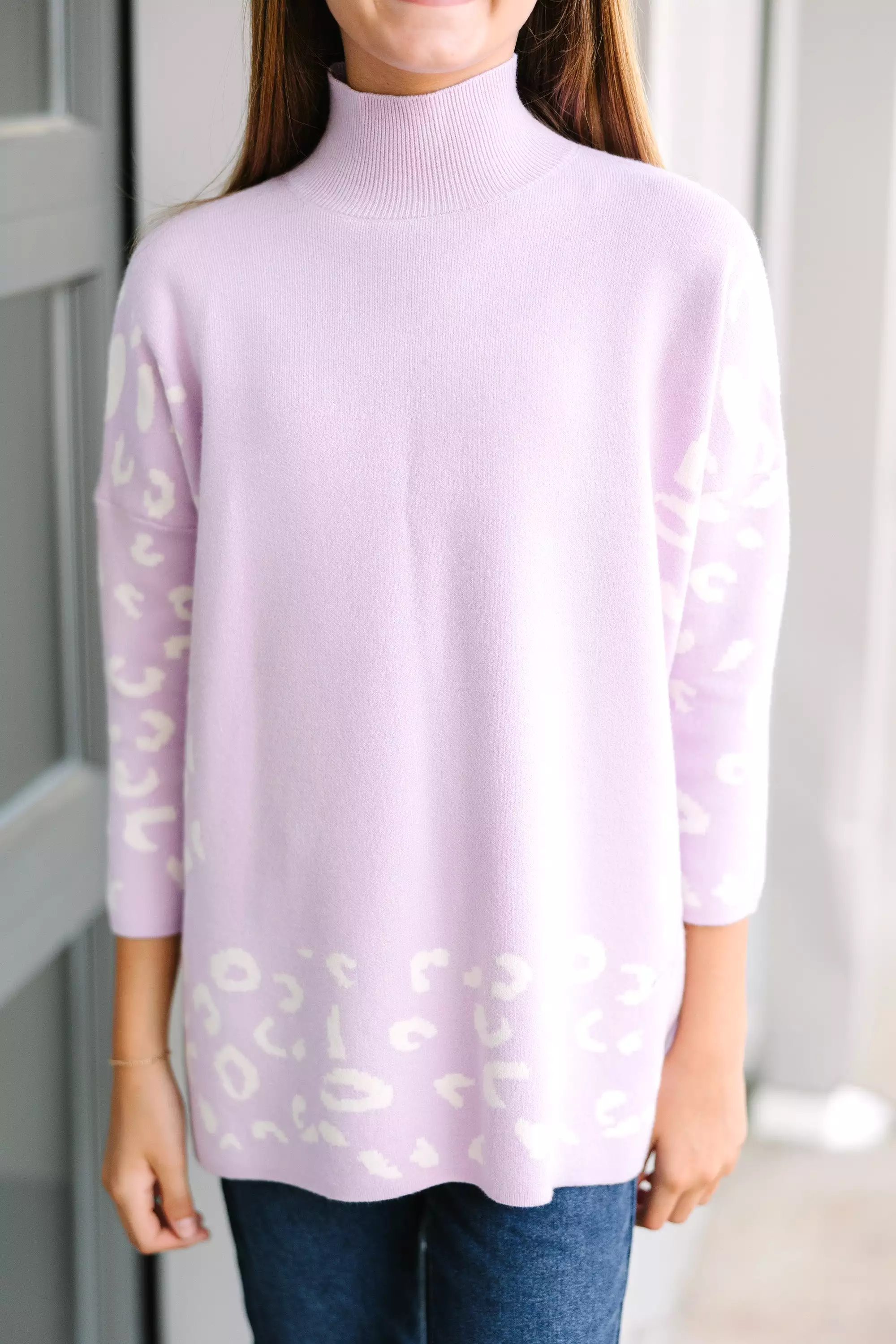 Girls' Lavender Purple Leopard Sweater Tunic with 3/4 Sleeves