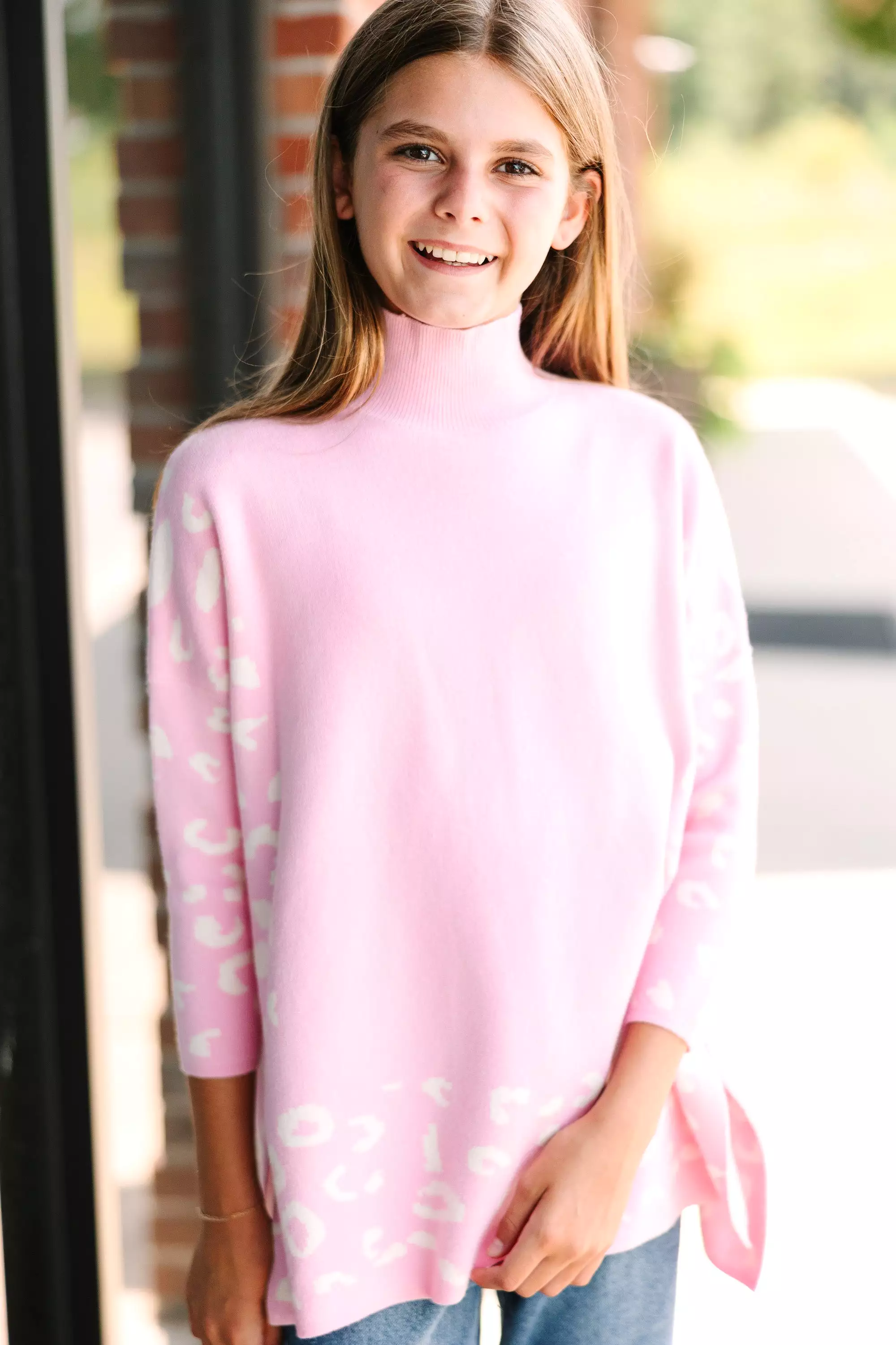 Girls Leopard 3/4 Sleeve Sweater Tunic - Light Pink Option