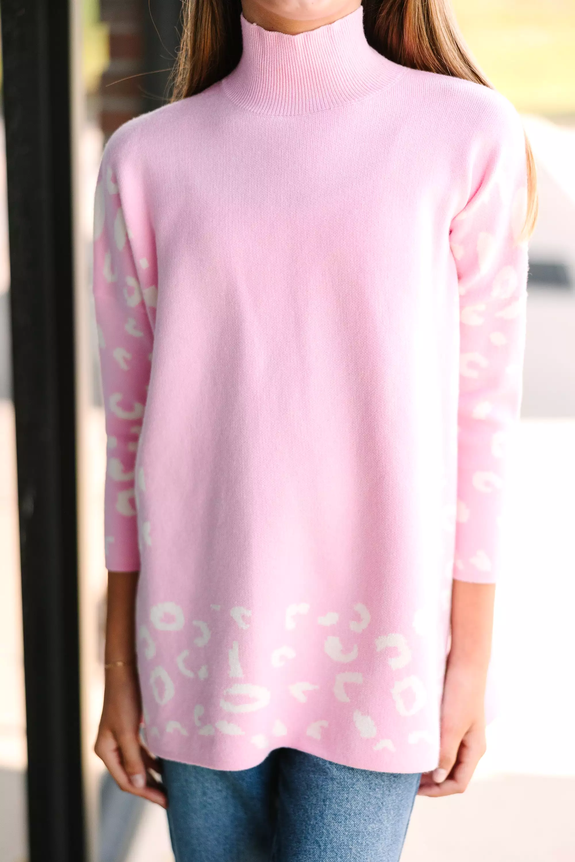 Girls Leopard 3/4 Sleeve Sweater Tunic - Light Pink Option