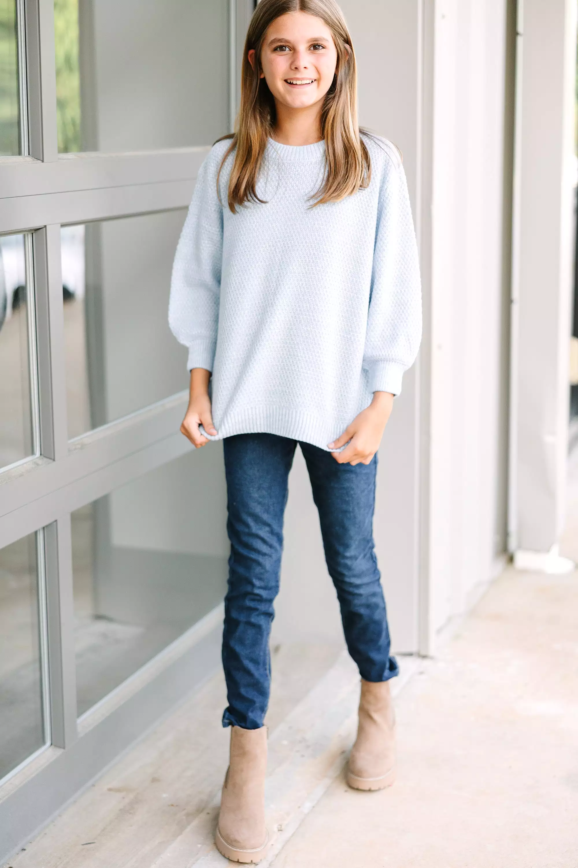 Girls Light Blue Bubble 3/4 Sleeve Sweater - Slouchy and Stylish