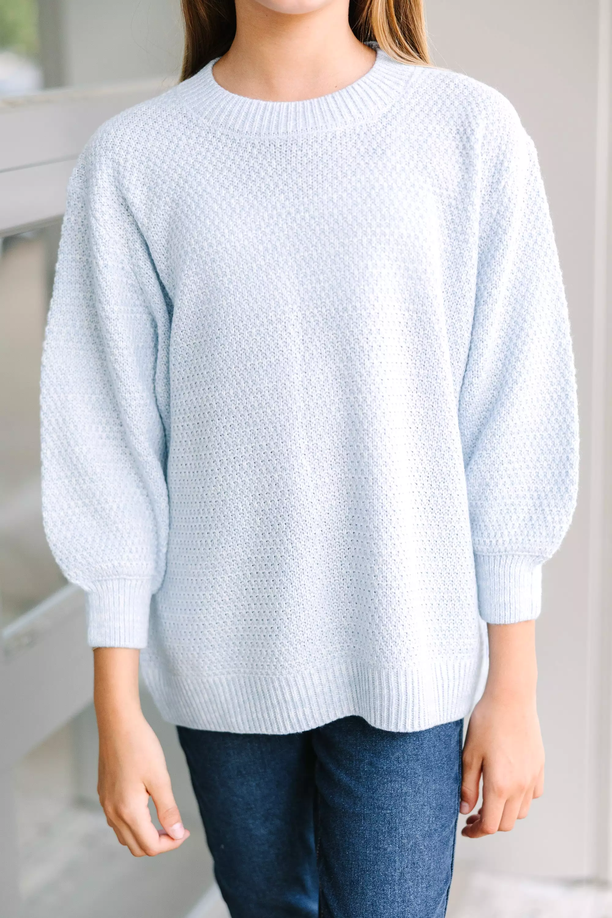 Girls Light Blue Bubble 3/4 Sleeve Sweater - Slouchy and Stylish