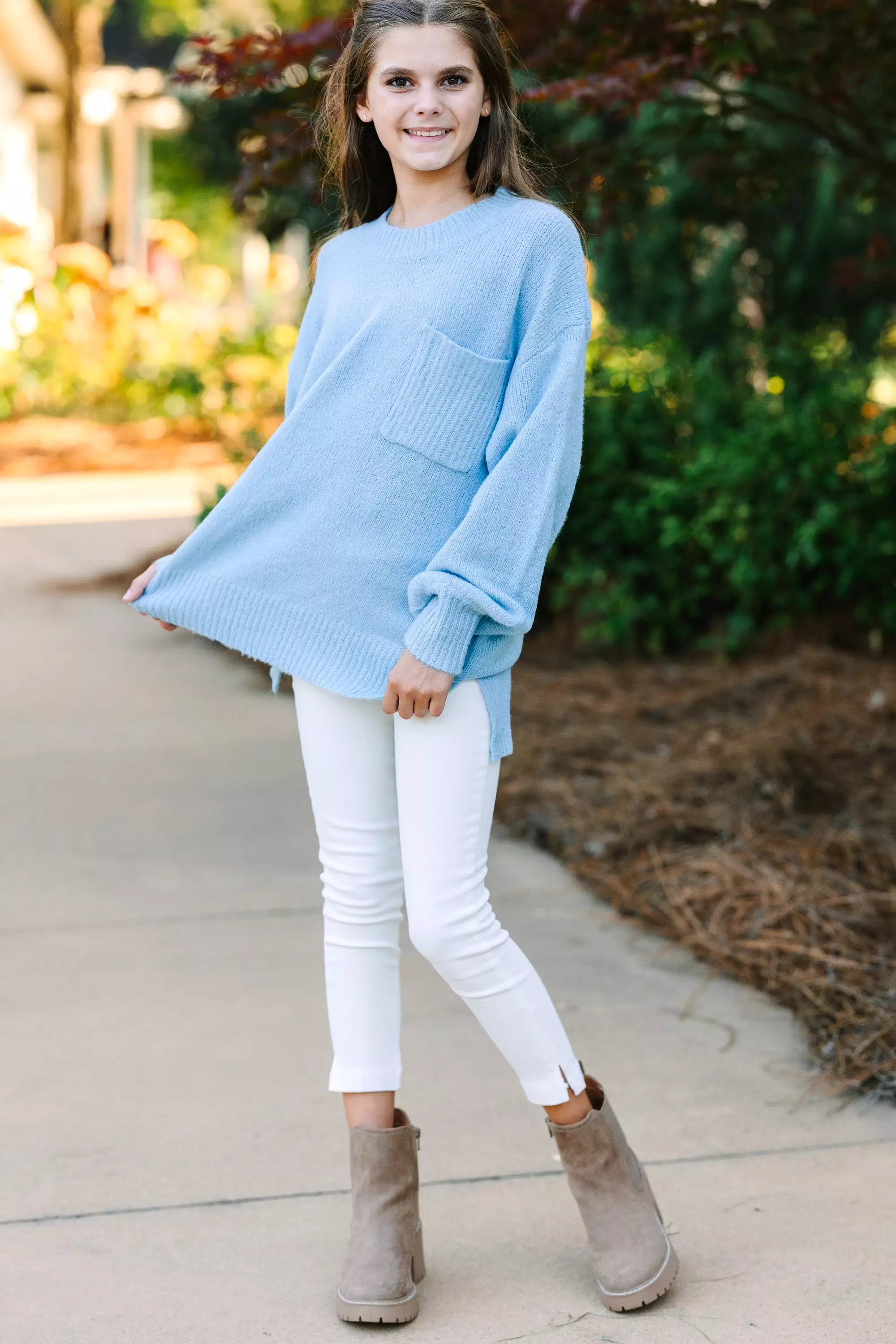 Girls Light Blue Bubble Sleeve Sweater - Shop Now