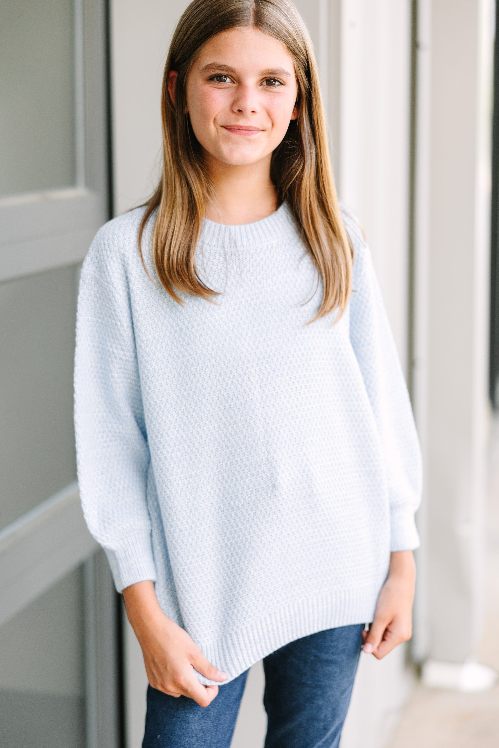 Girls Light Blue Bubble Sleeve Sweater: Slouchy 3/4 Sleeve