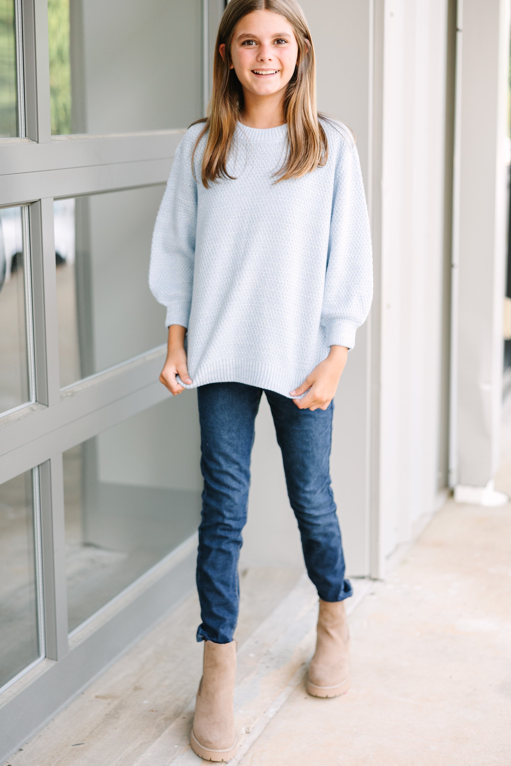 Girls Light Blue Bubble Sleeve Sweater: Slouchy 3/4 Sleeve