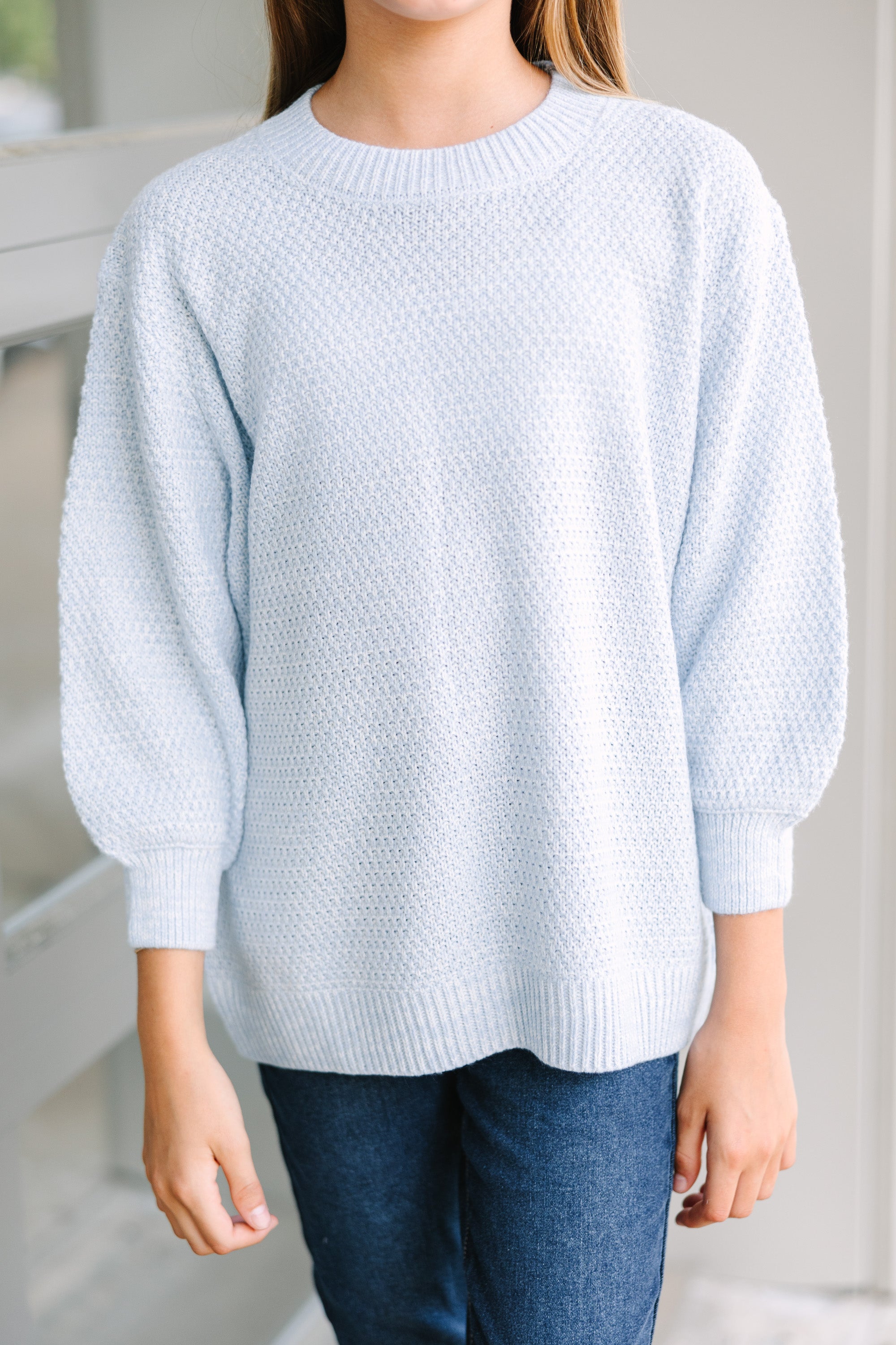 Girls Light Blue Bubble Sleeve Sweater: Slouchy 3/4 Sleeve