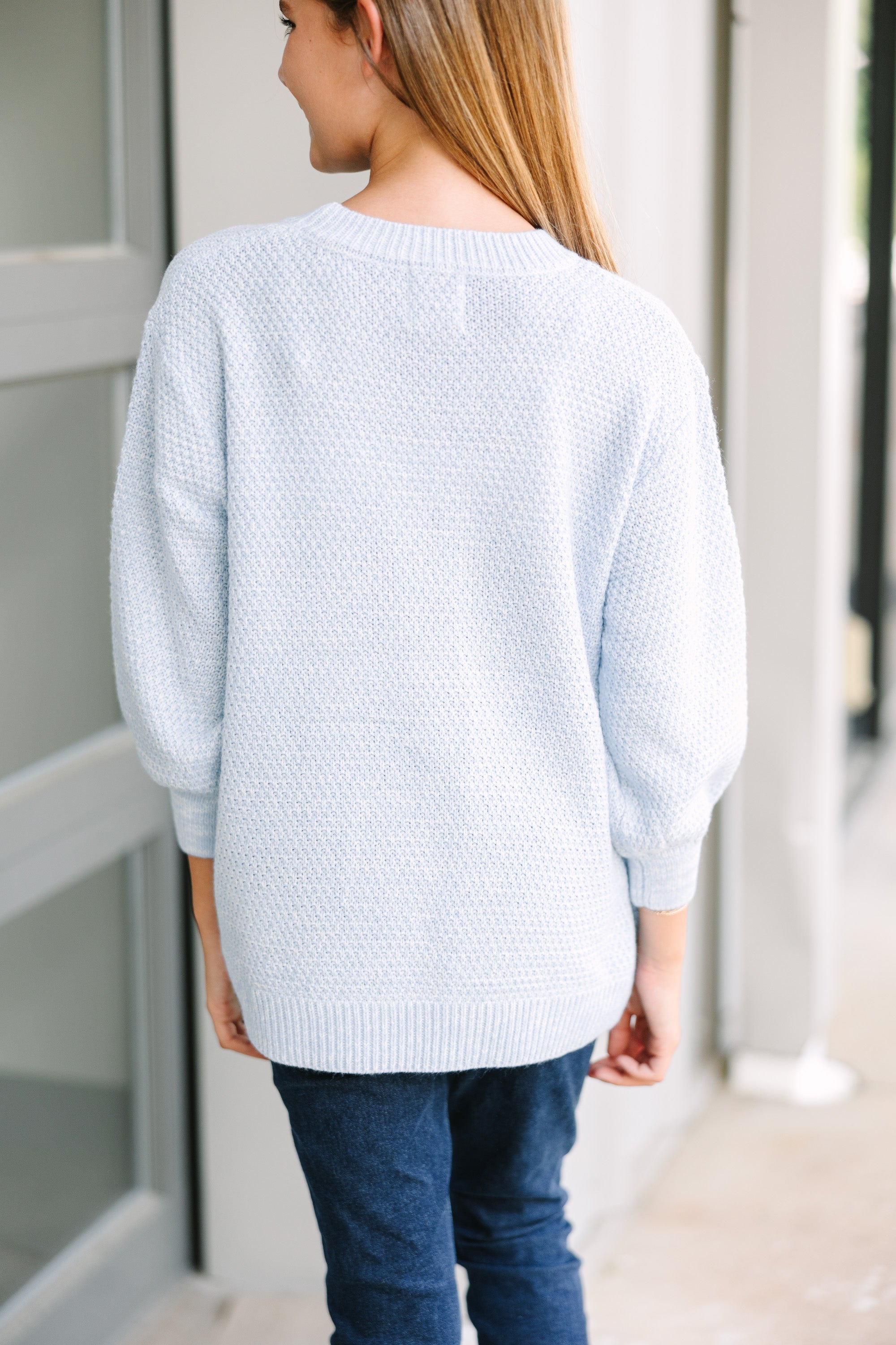 Girls Light Blue Bubble Sleeve Sweater: Slouchy 3/4 Sleeve