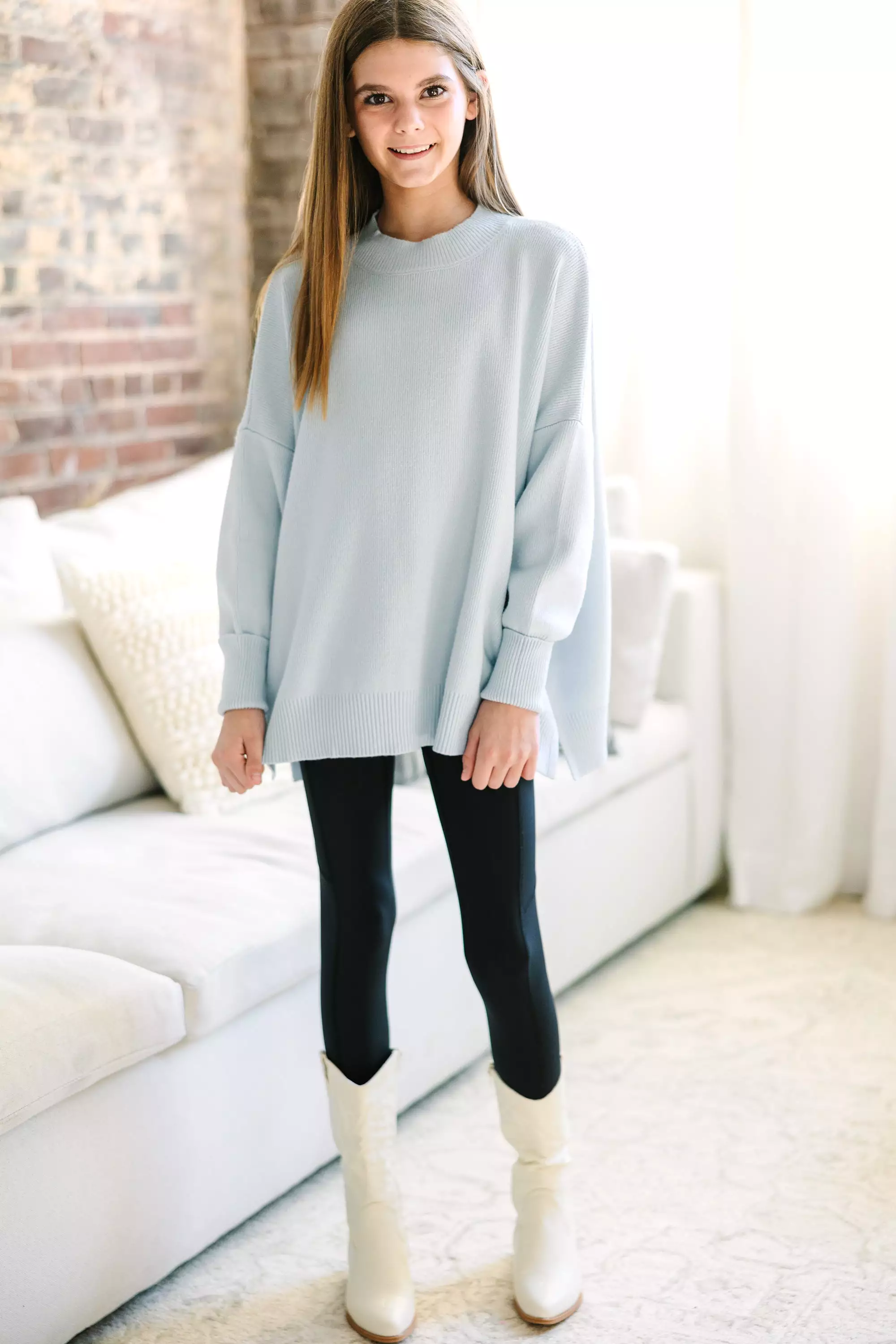 Girls Light Blue Mock Neck Sweater - Perfectly You