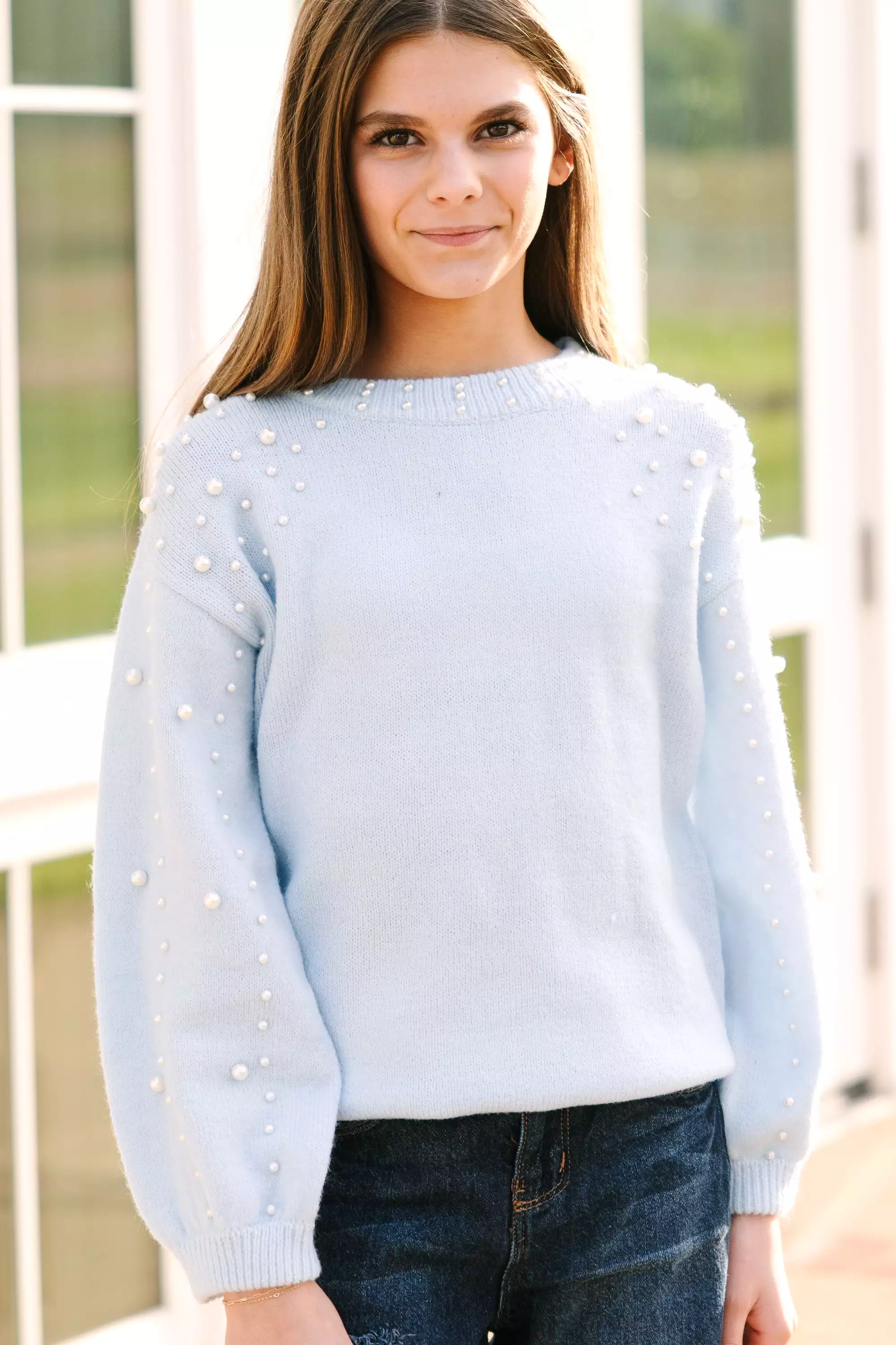 Girls: Light Blue Pearl Studded Sweater - Irresistibly Loved