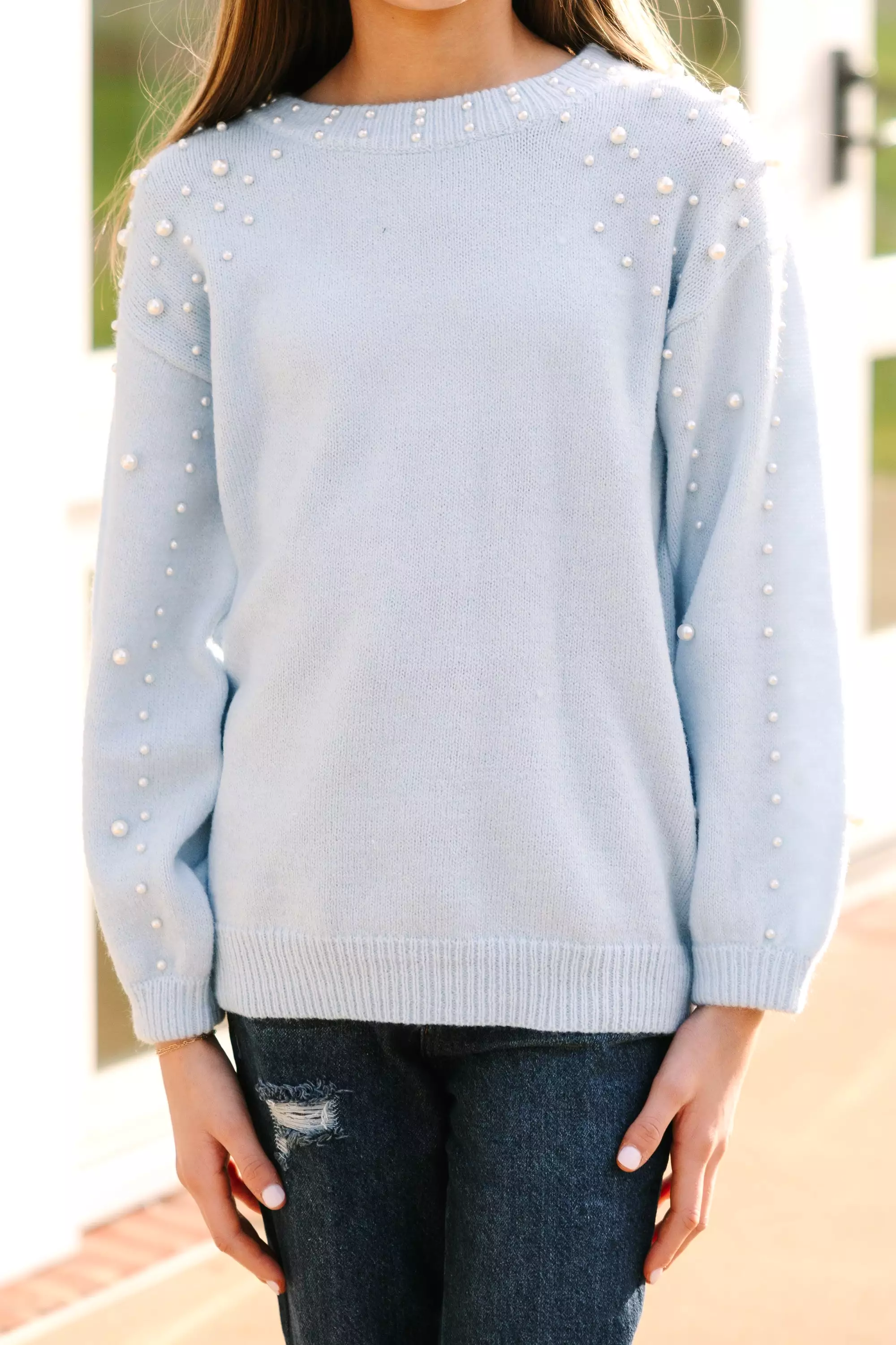 Girls: Light Blue Pearl Studded Sweater - Irresistibly Loved