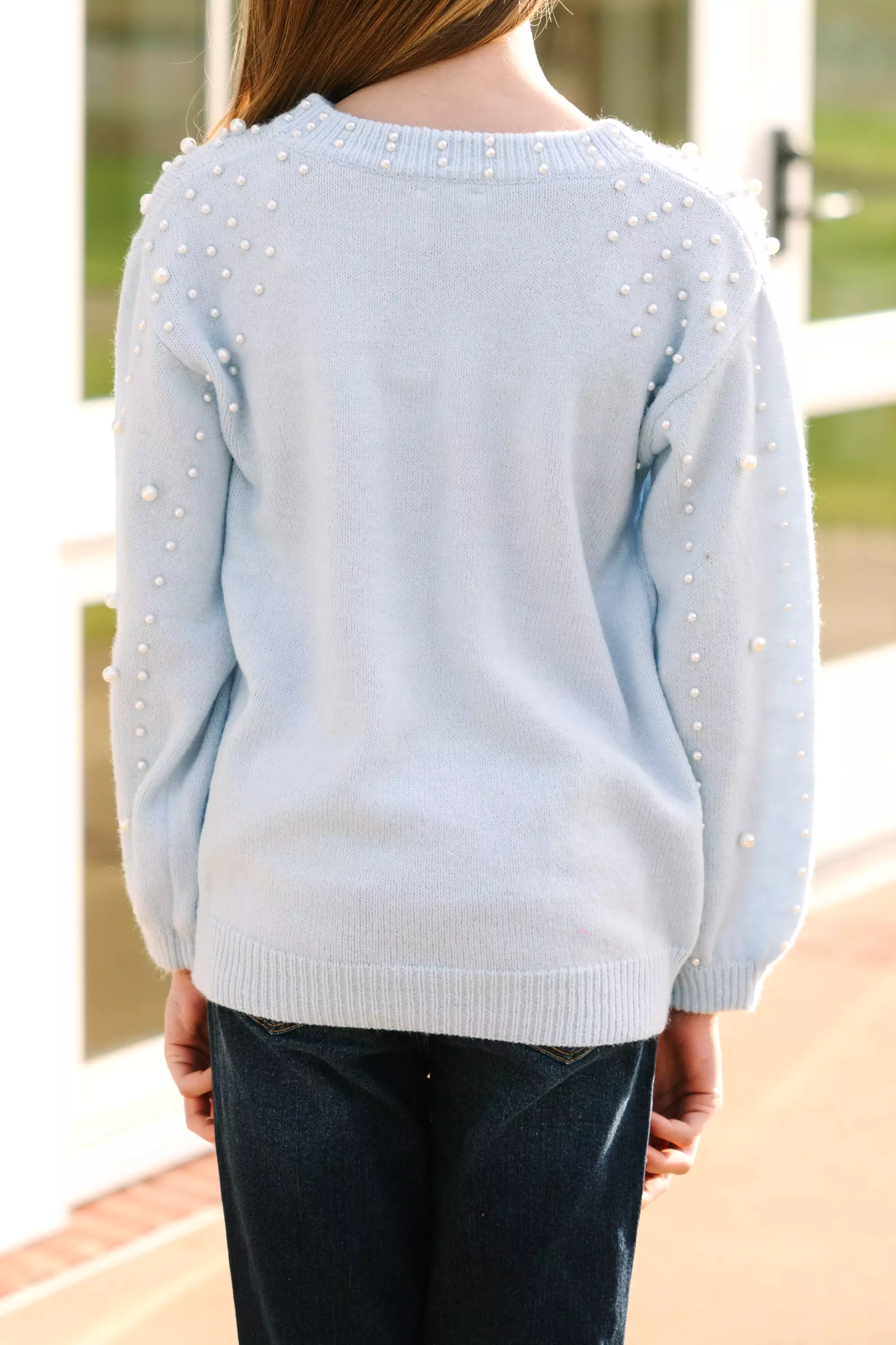 Girls: Light Blue Pearl Studded Sweater - Irresistibly Loved