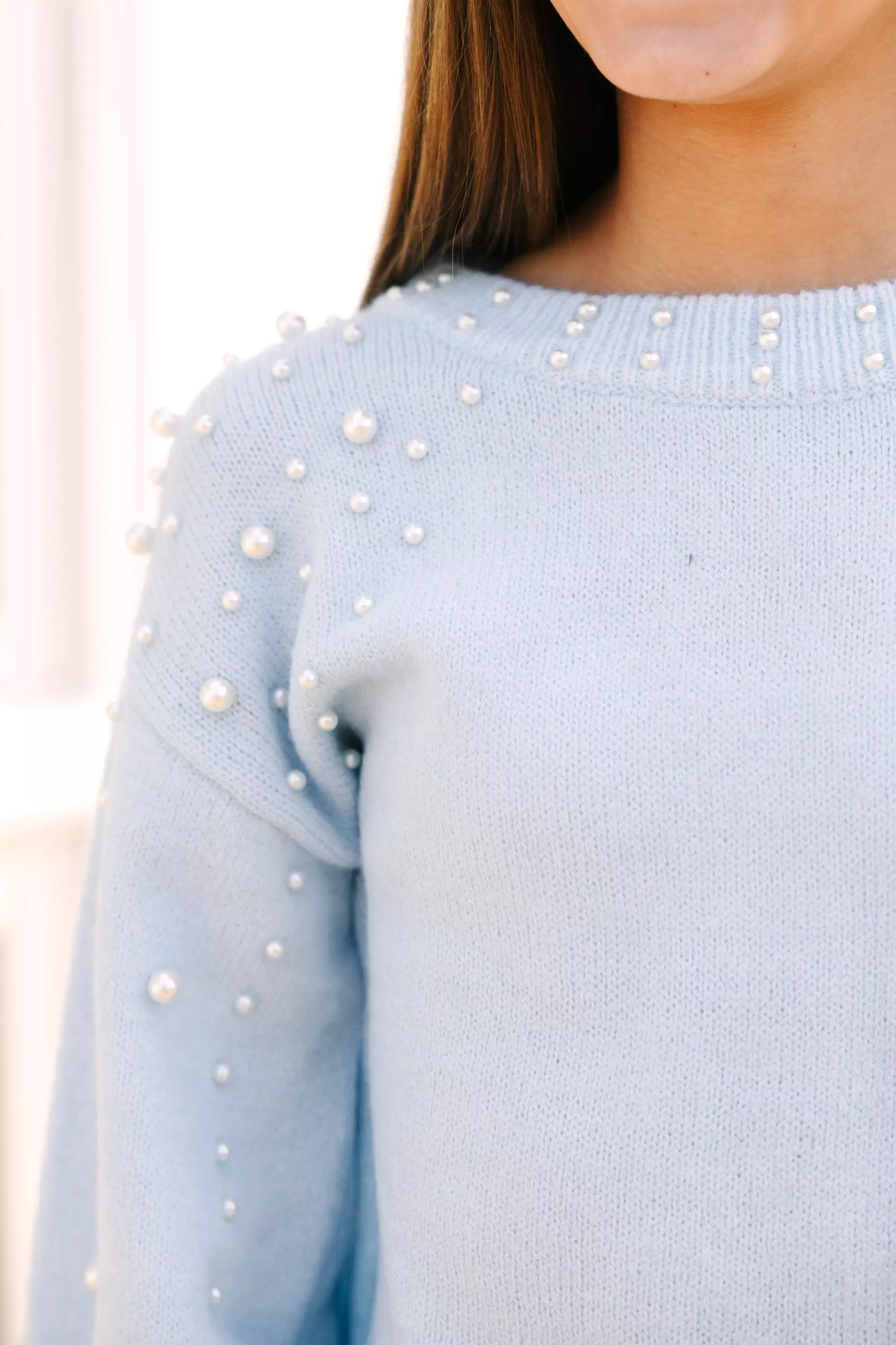 Girls: Light Blue Pearl Studded Sweater - Irresistibly Loved