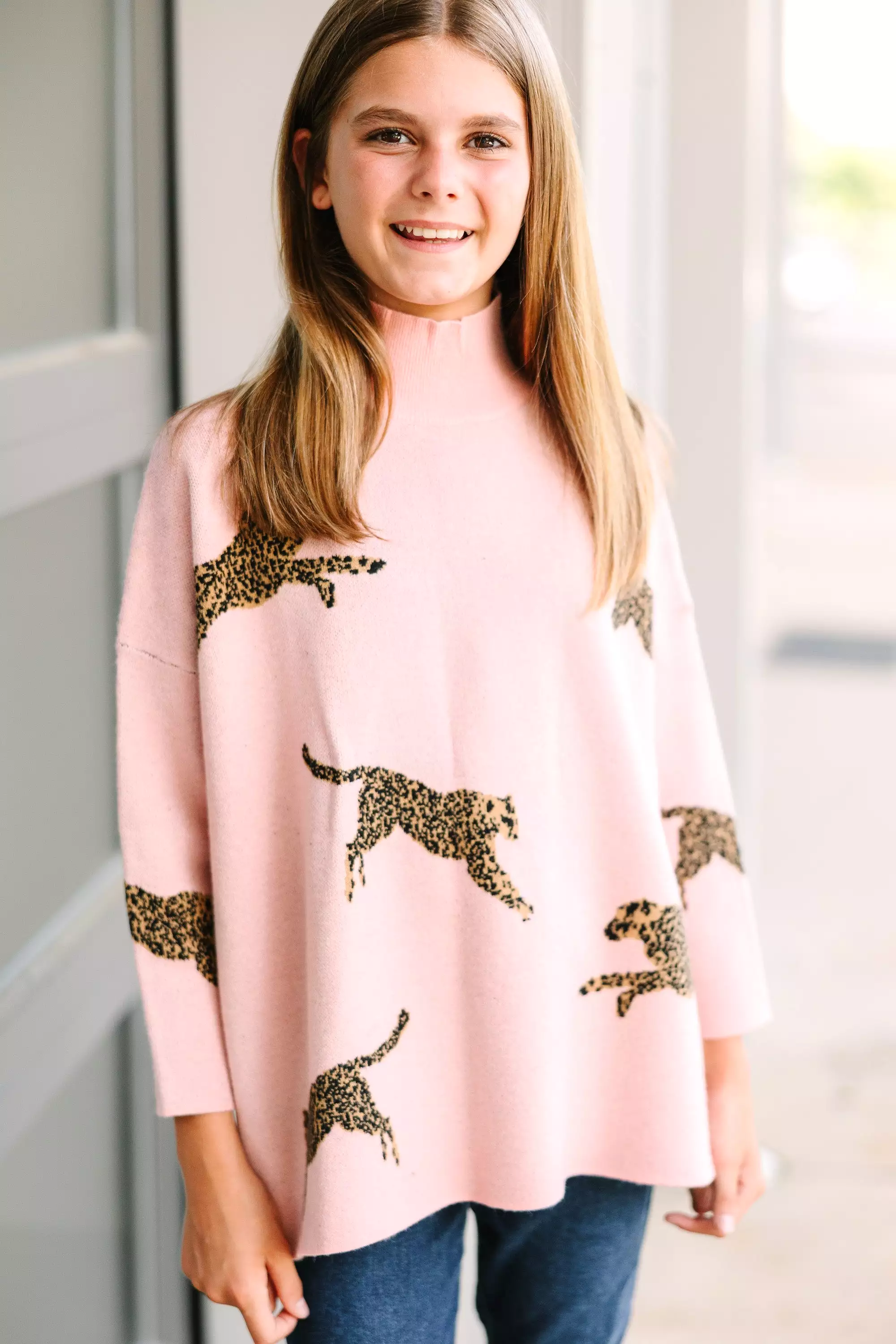 Girls Light Pink Cheetah Sweater - Quick Decisions, 3/4 Sleeve