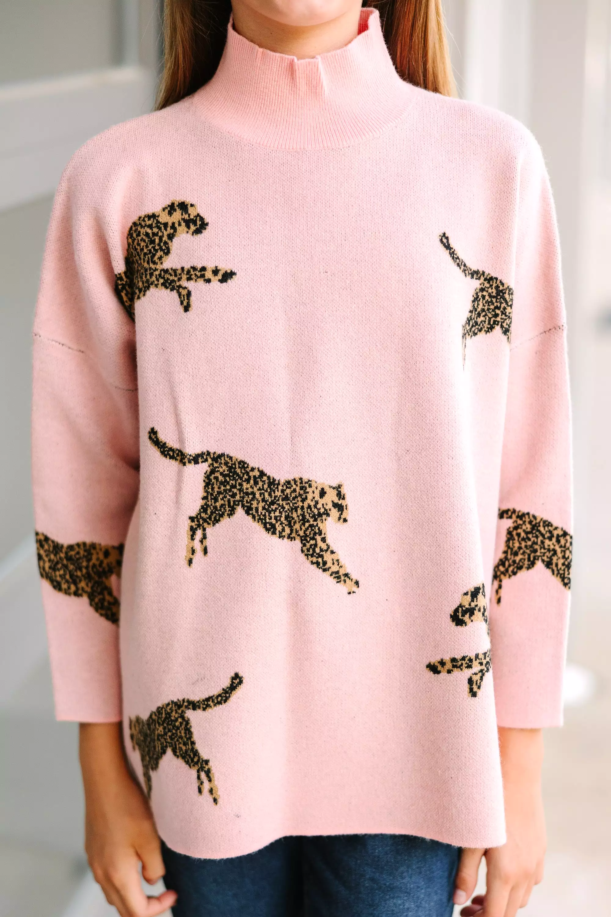 Girls Light Pink Cheetah Sweater - Quick Decisions, 3/4 Sleeve