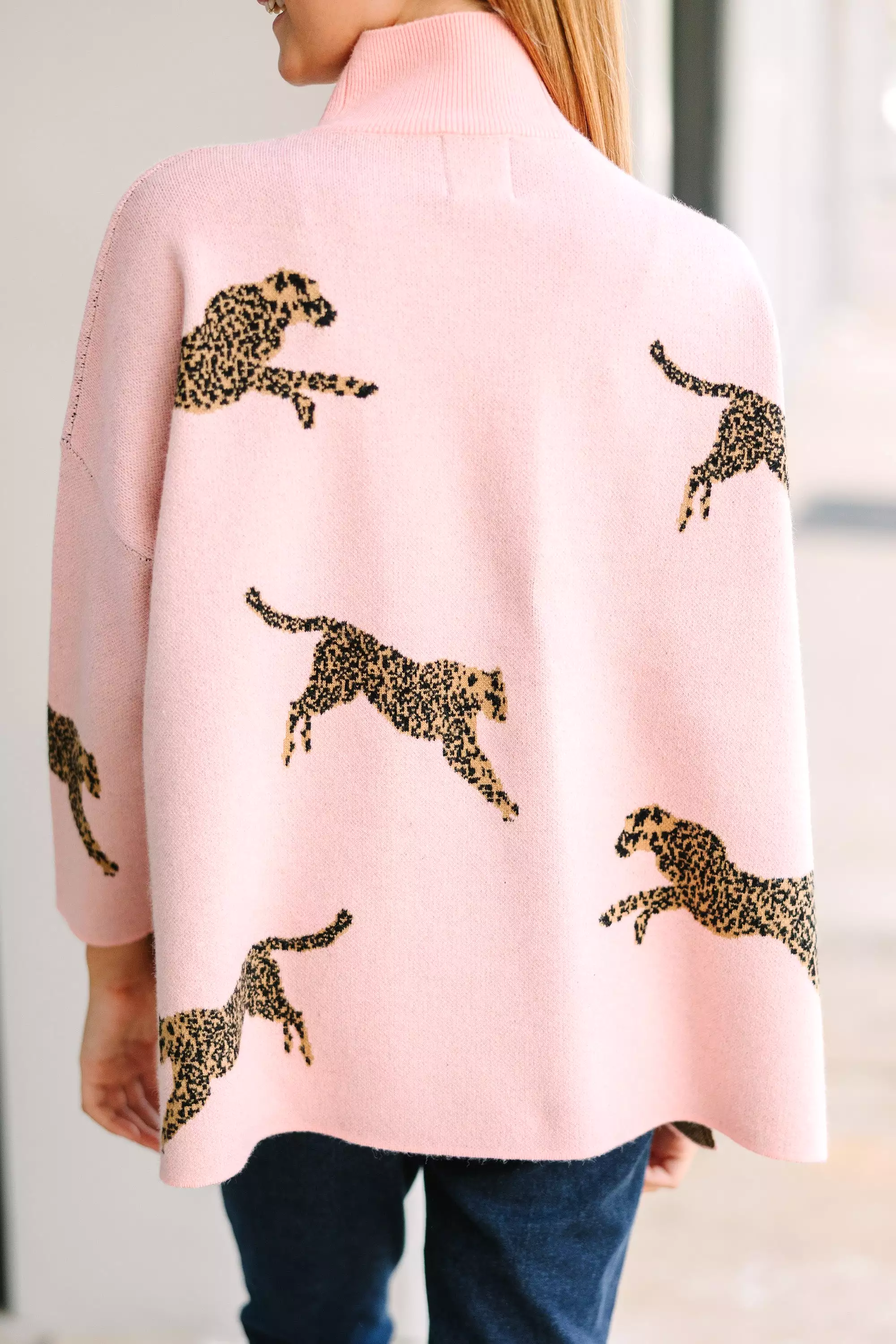 Girls Light Pink Cheetah Sweater - Quick Decisions, 3/4 Sleeve