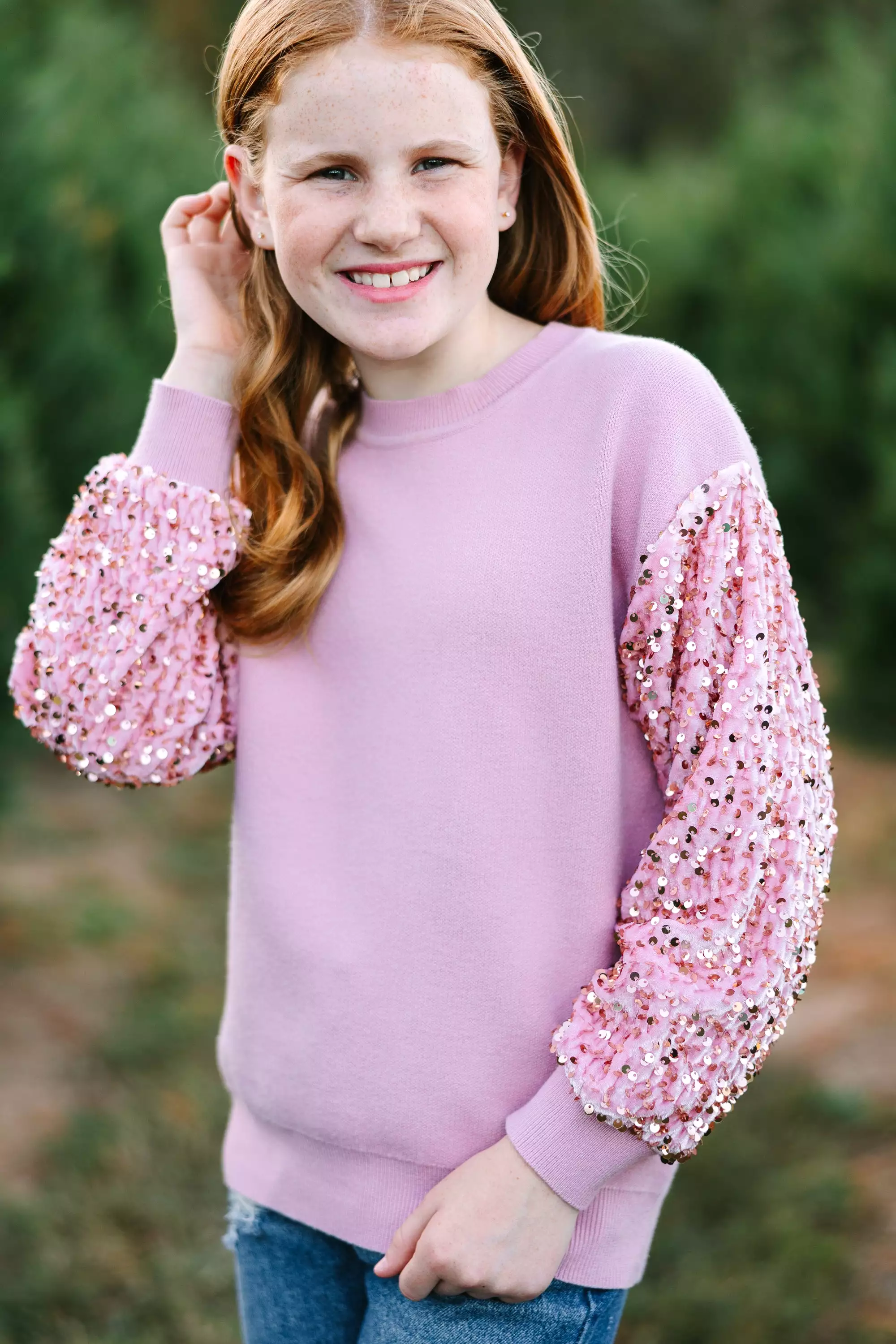 Girls Light Pink Sequin Sweater - Don't Think Twice