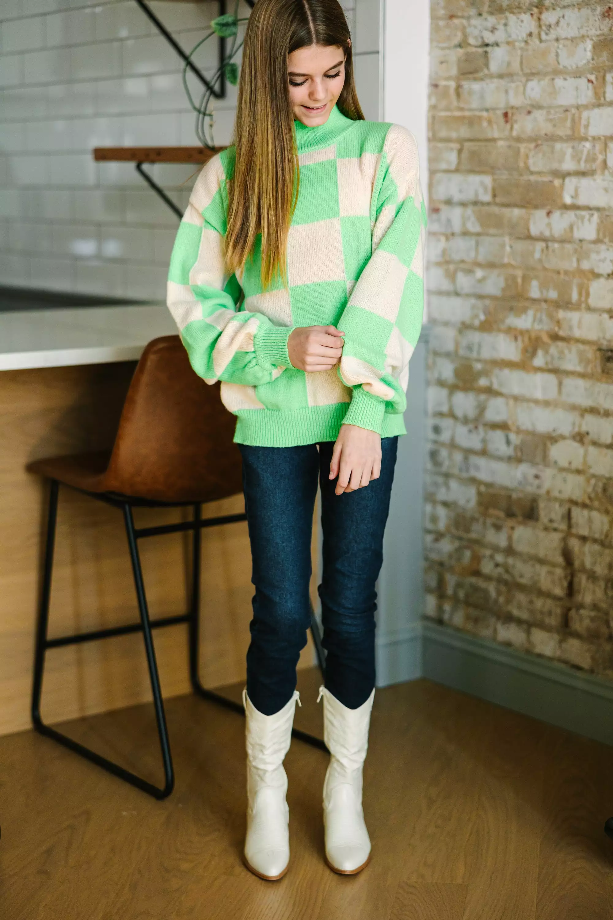 Girls Lime Green Checkered Sweater: The Perfect Choice for a Trendy Look