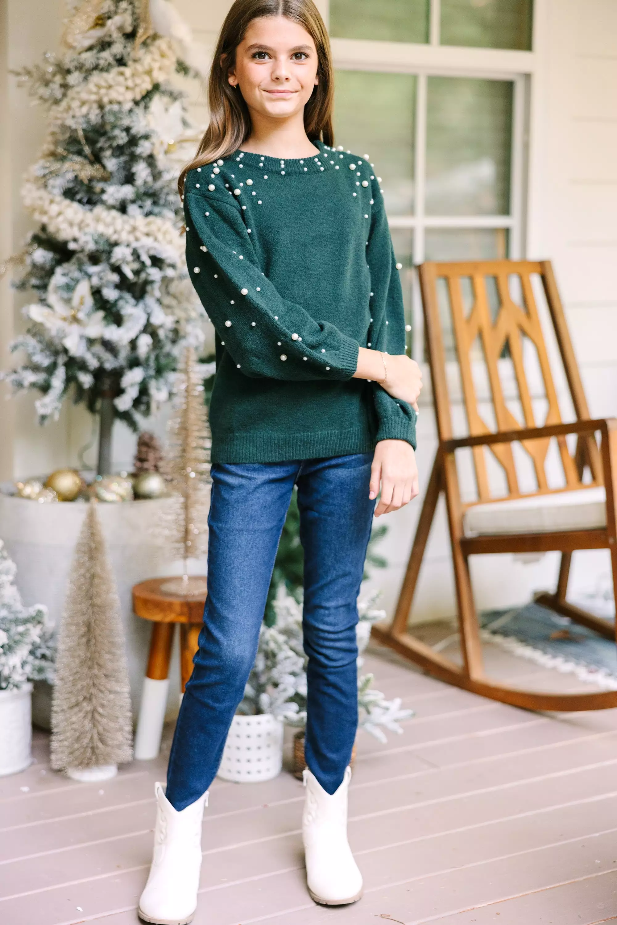 Girls love emerald green pearl studded sweaters