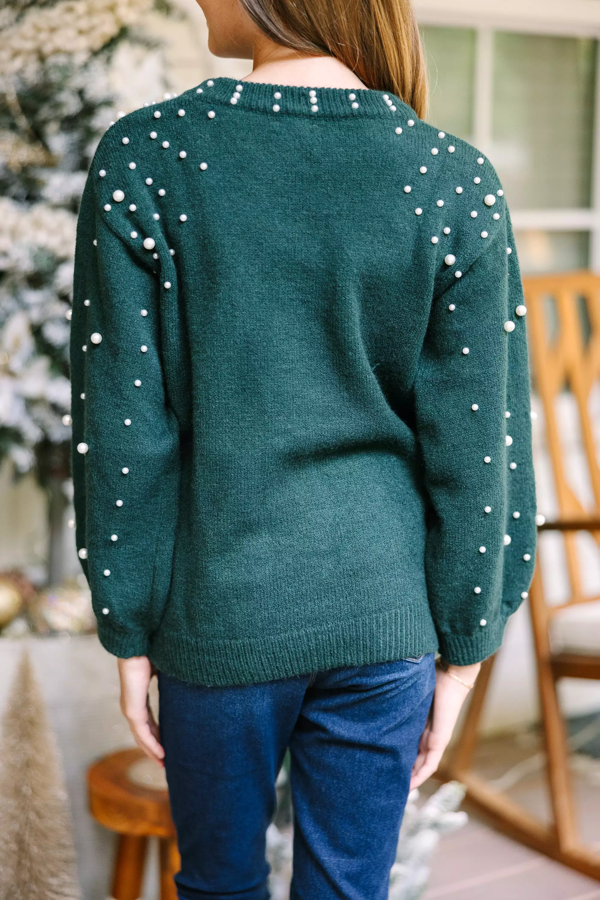 Girls love emerald green pearl studded sweaters