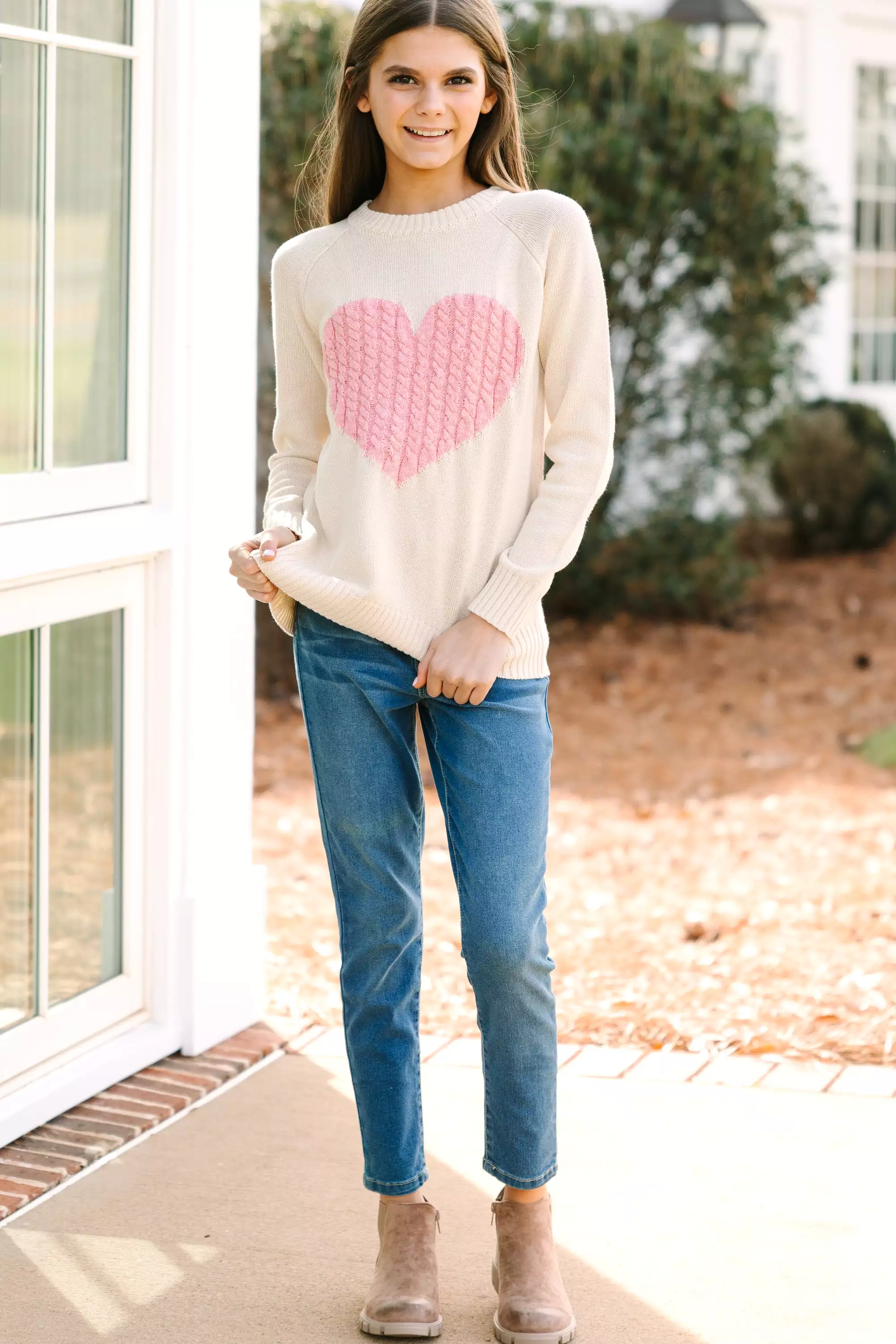 Girls' Love: Oatmeal and Pink Heart Sweater - Shop Now