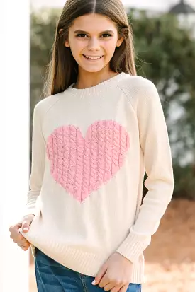 Girls' Love: Oatmeal and Pink Heart Sweater - Shop Now