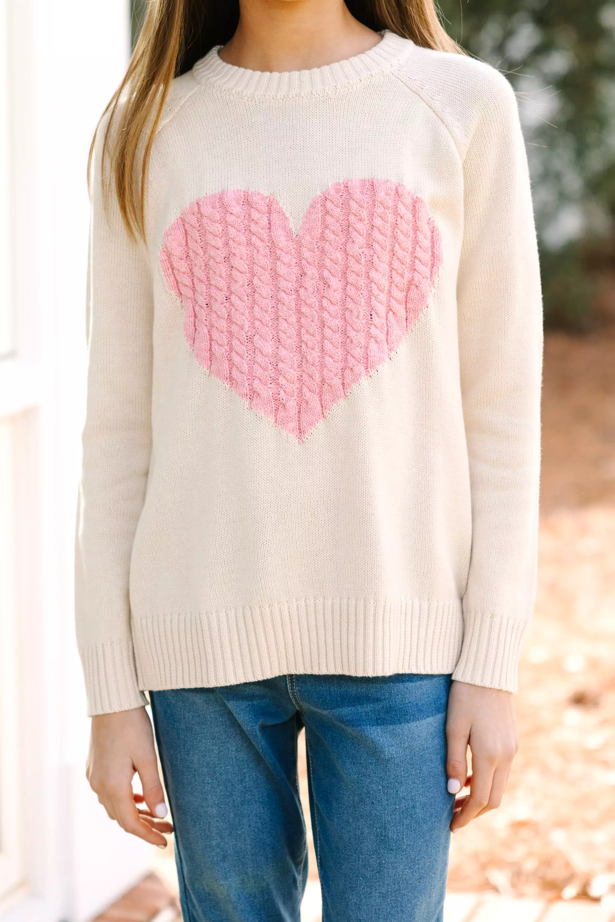 Girls' Love: Oatmeal and Pink Heart Sweater - Shop Now