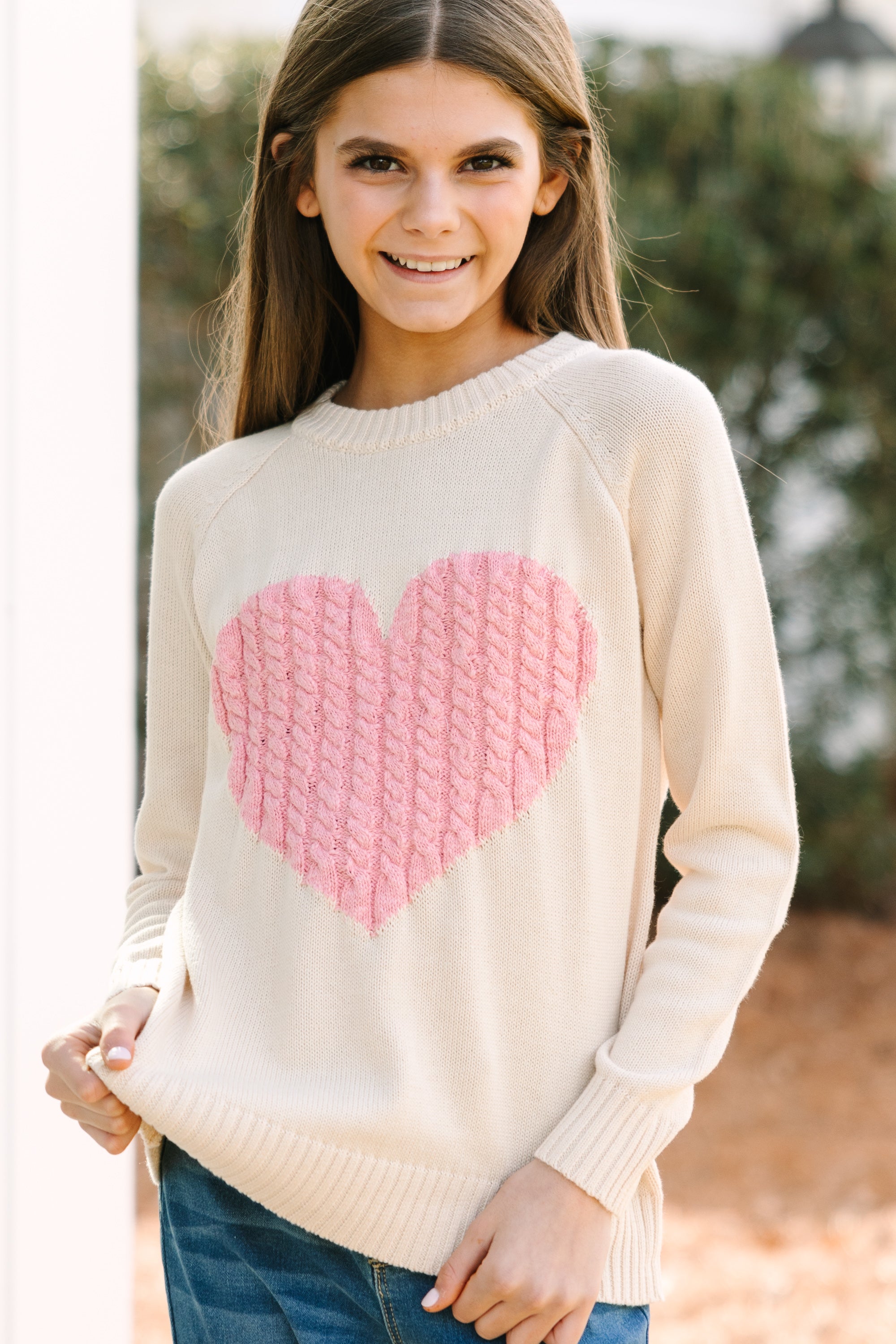 Girls: Love-themed Oatmeal and Pink Heart Sweater