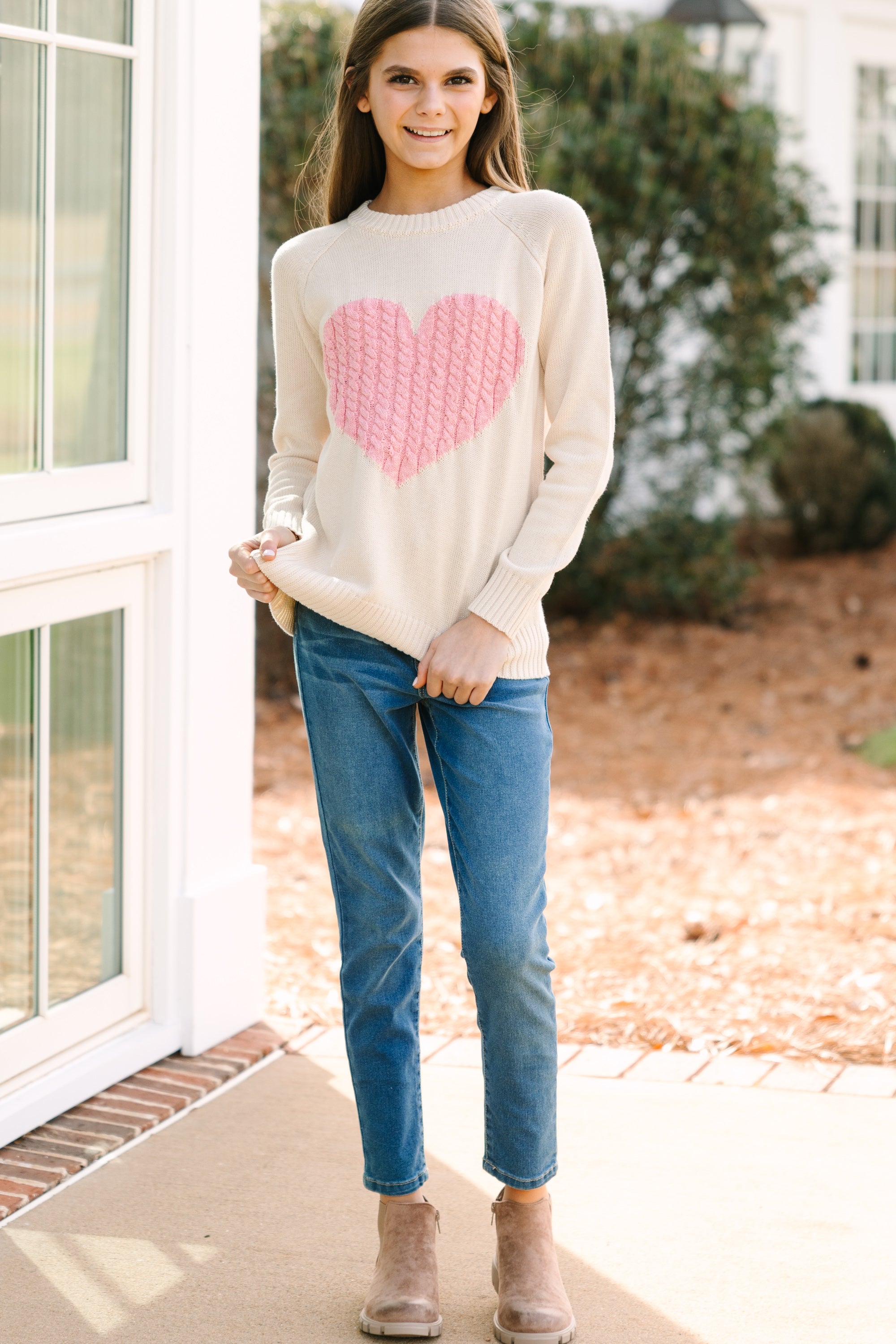 Girls: Love-themed Oatmeal and Pink Heart Sweater