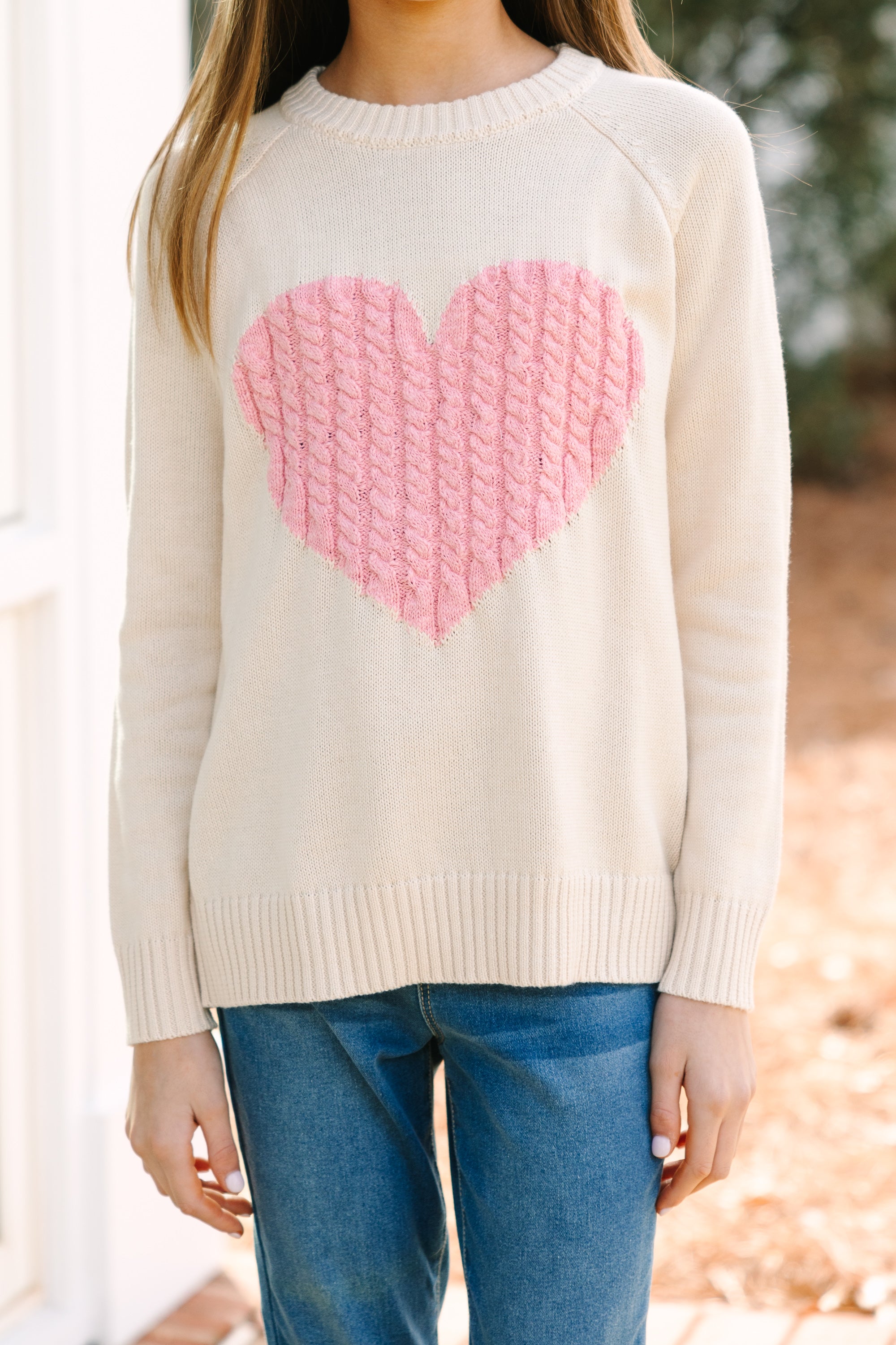 Girls: Love-themed Oatmeal and Pink Heart Sweater