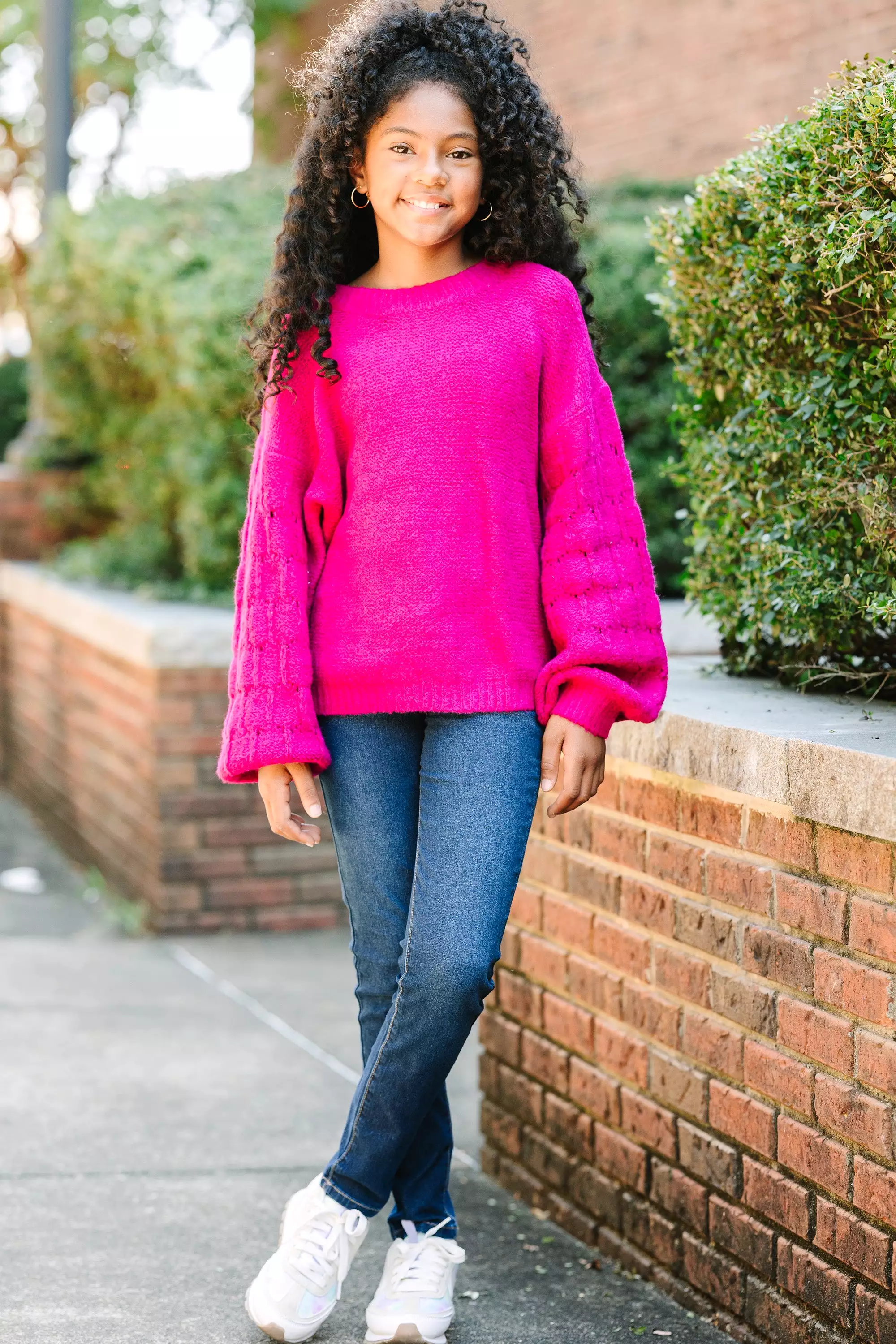 Girls: Magenta Purple Textured Sweater for a Close and Connected Feel