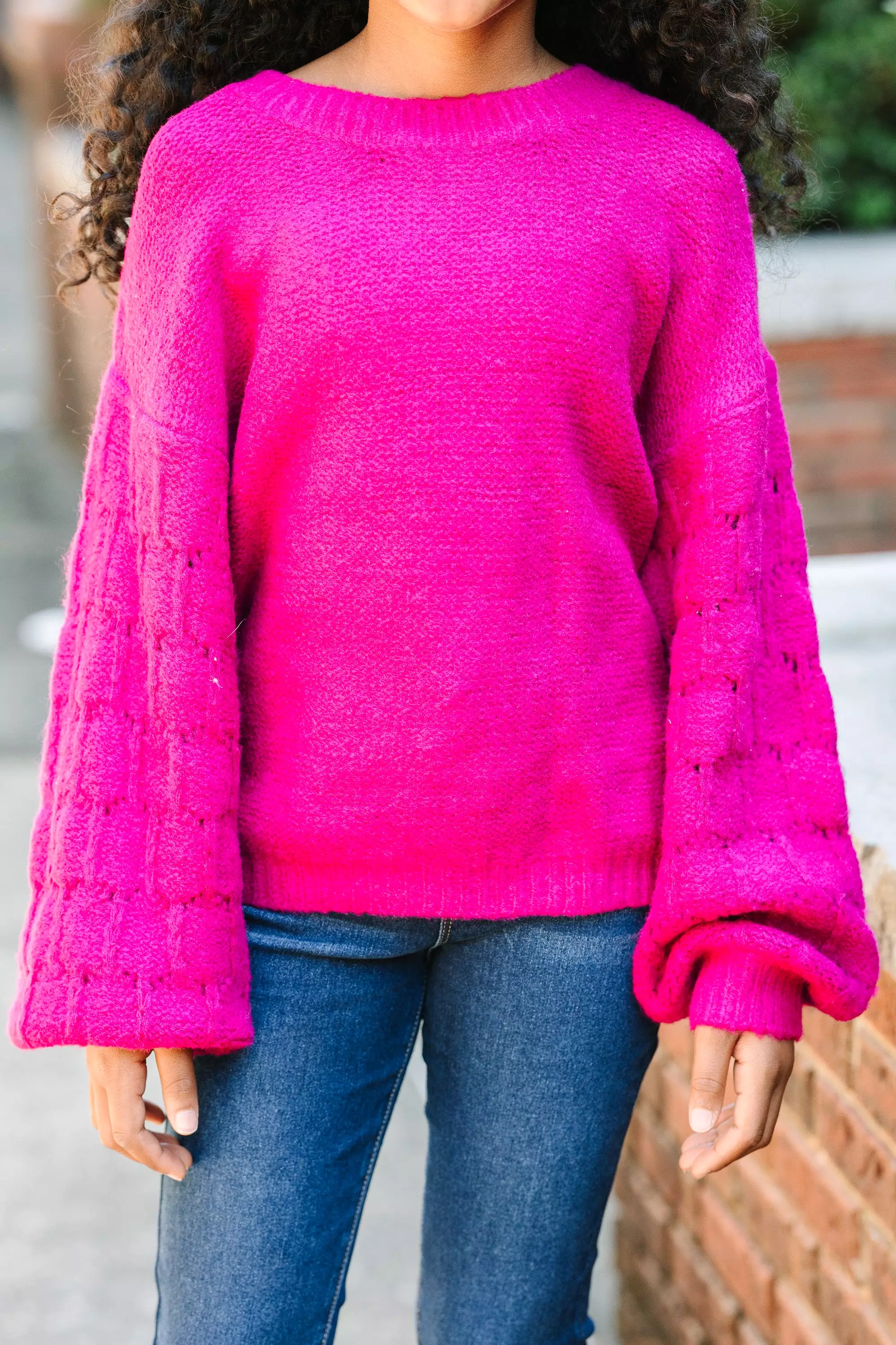 Girls: Magenta Purple Textured Sweater for a Close and Connected Feel