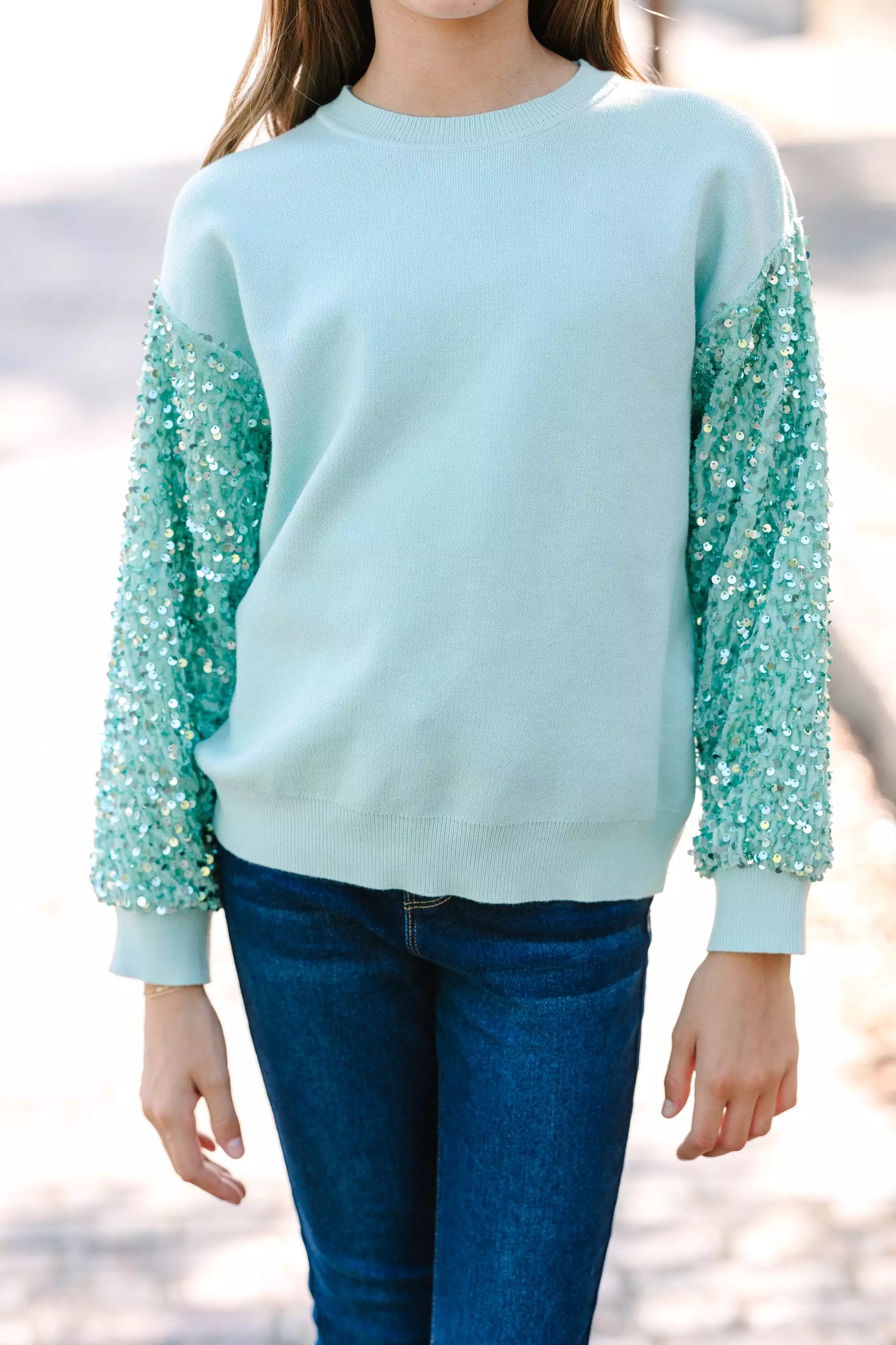 Girls Mint Green Sequin Sweater - New Arrival Limited Stock