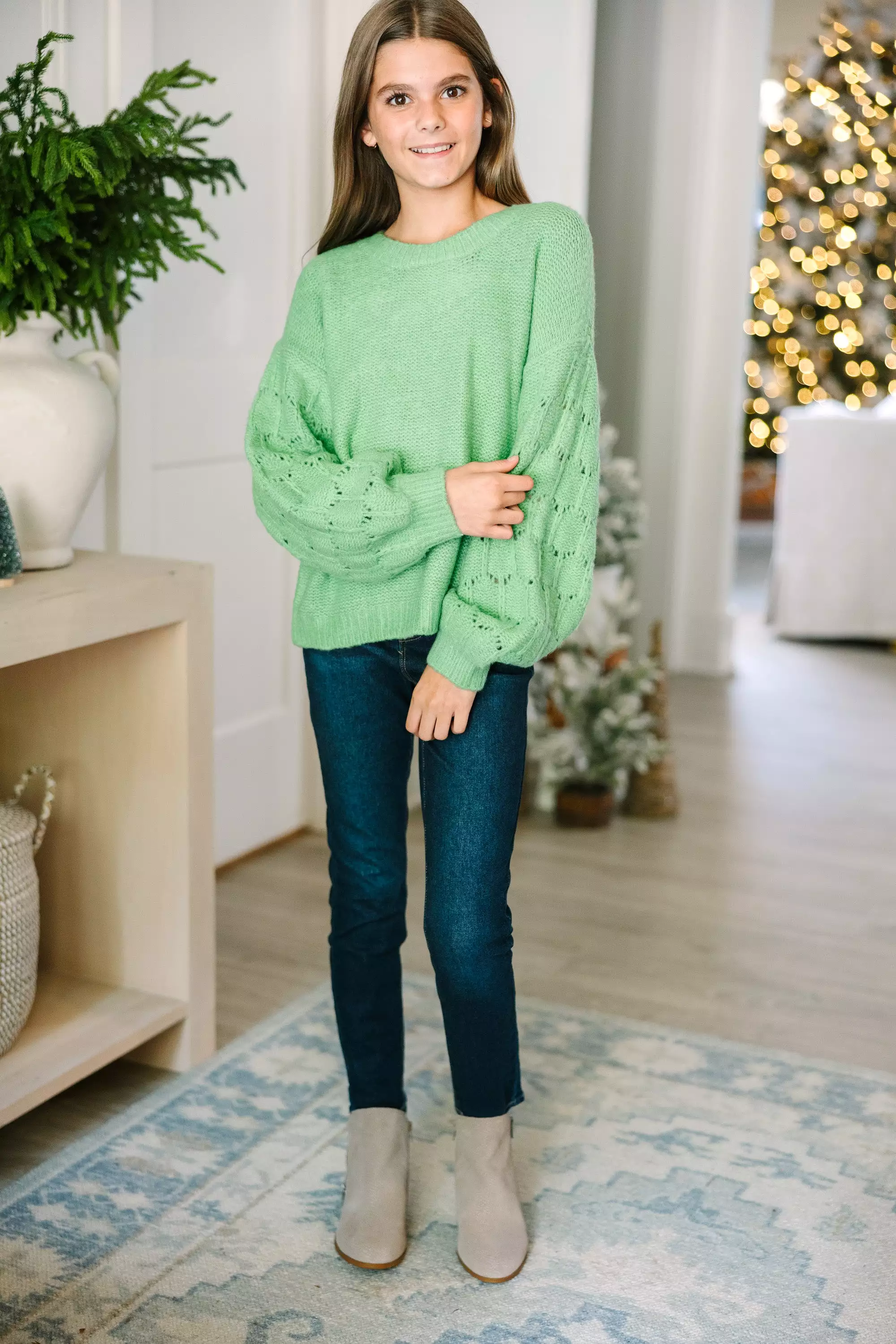 Girls Mint Green Textured Sweater: Feel Close to You | Shop Now