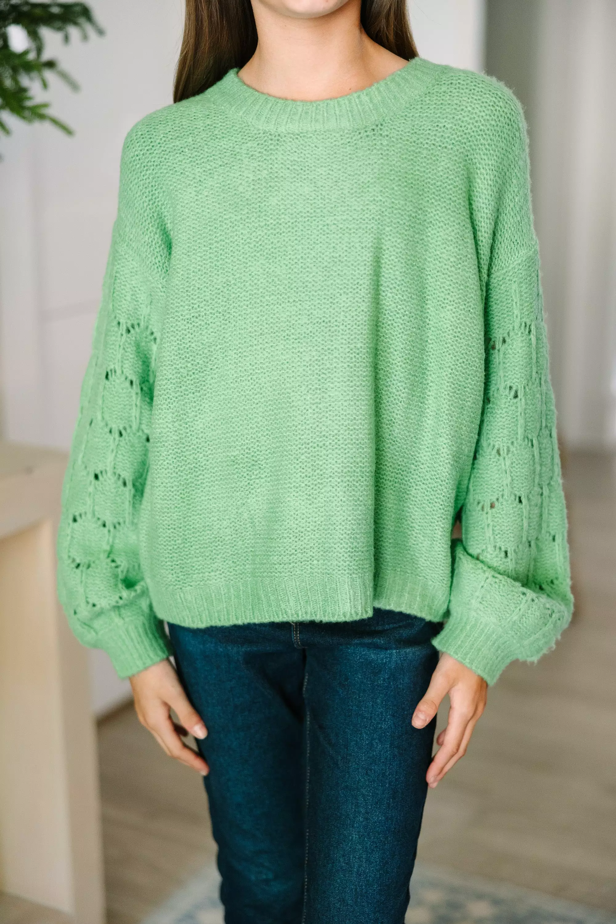 Girls Mint Green Textured Sweater: Feel Close to You | Shop Now