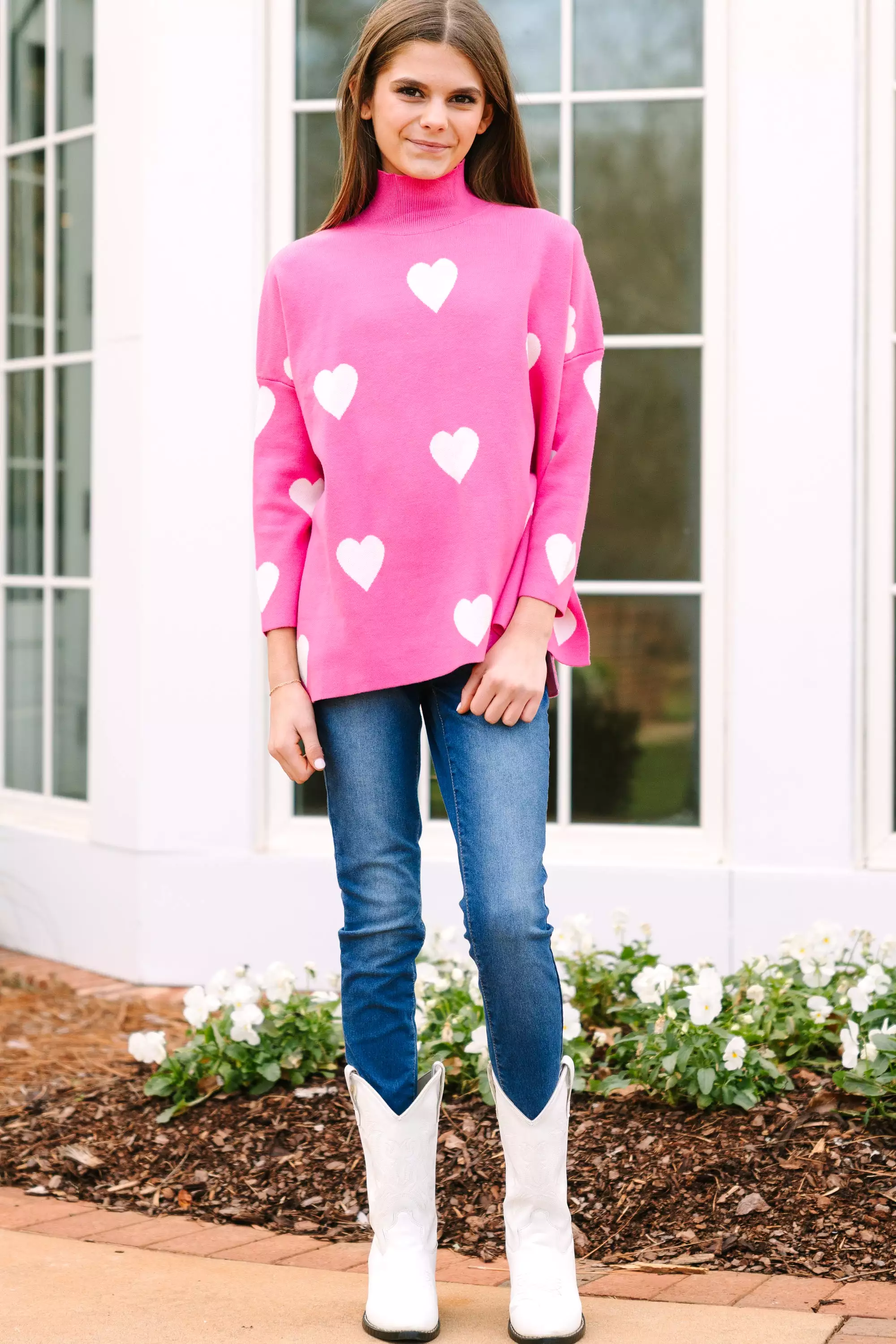 Girls Pink & White Heart Sweater