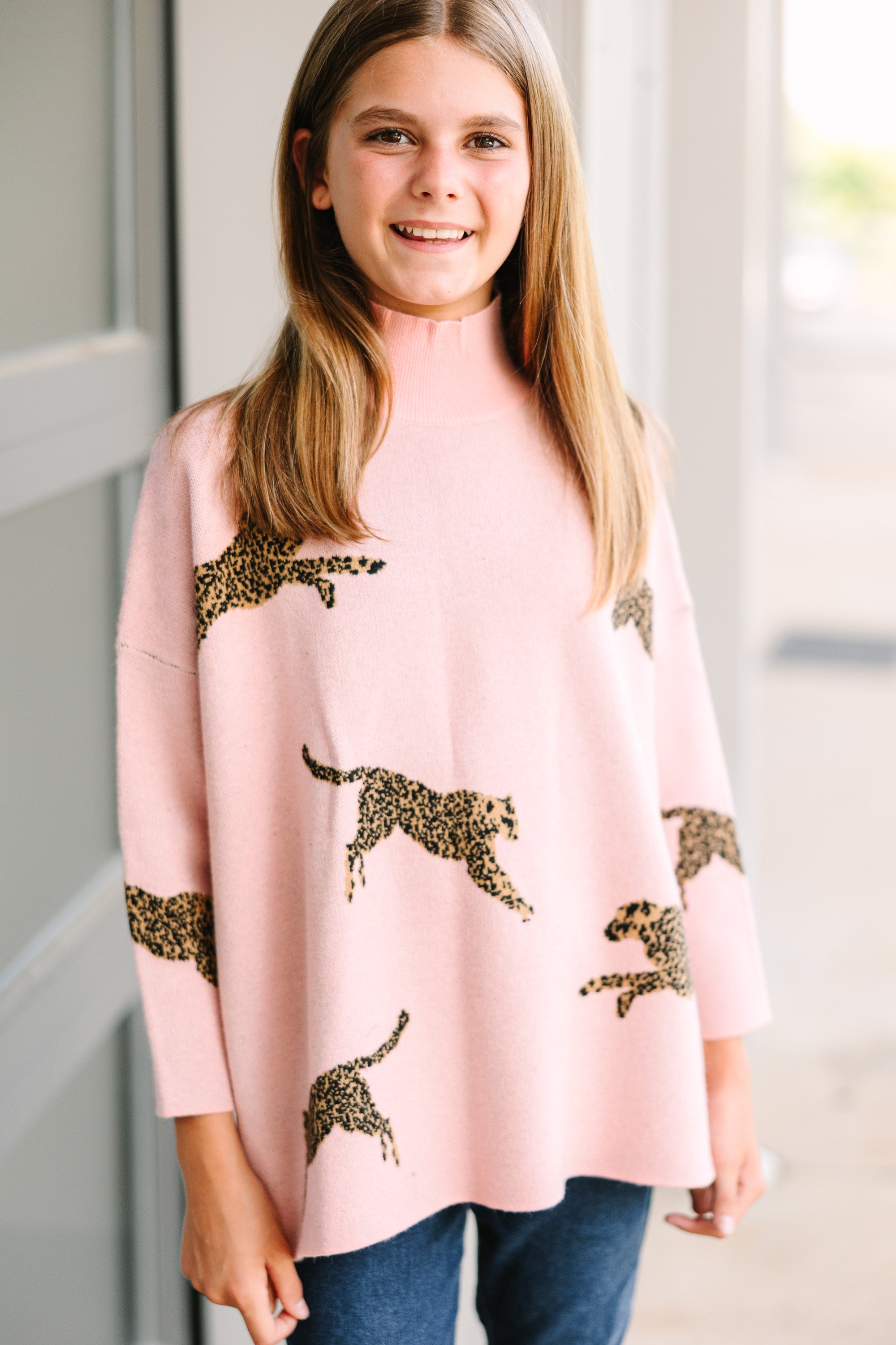 Girls Pink Cheetah Sweater - Quick Decision 3/4 Sleeve