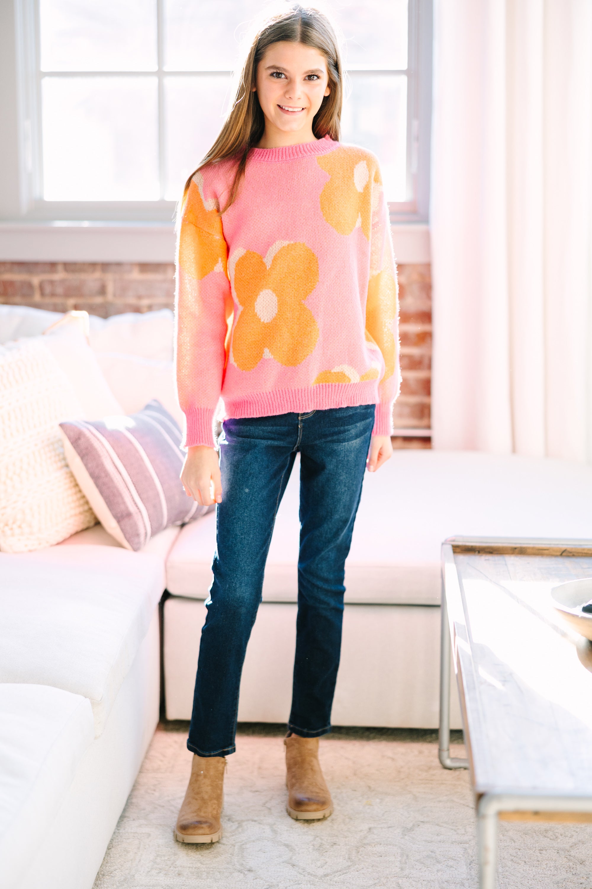 Girls Pink Floral Sweater