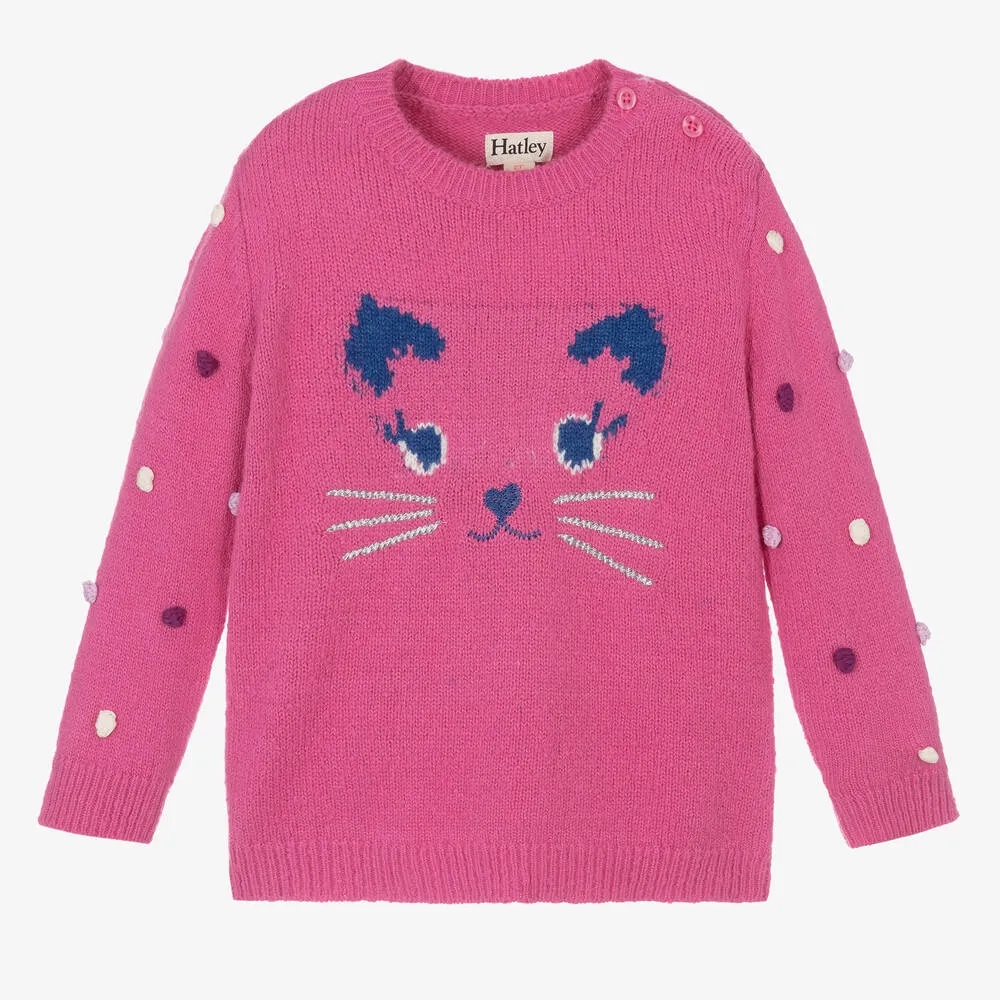 Pink Knit Kitten Sweater for Girls.