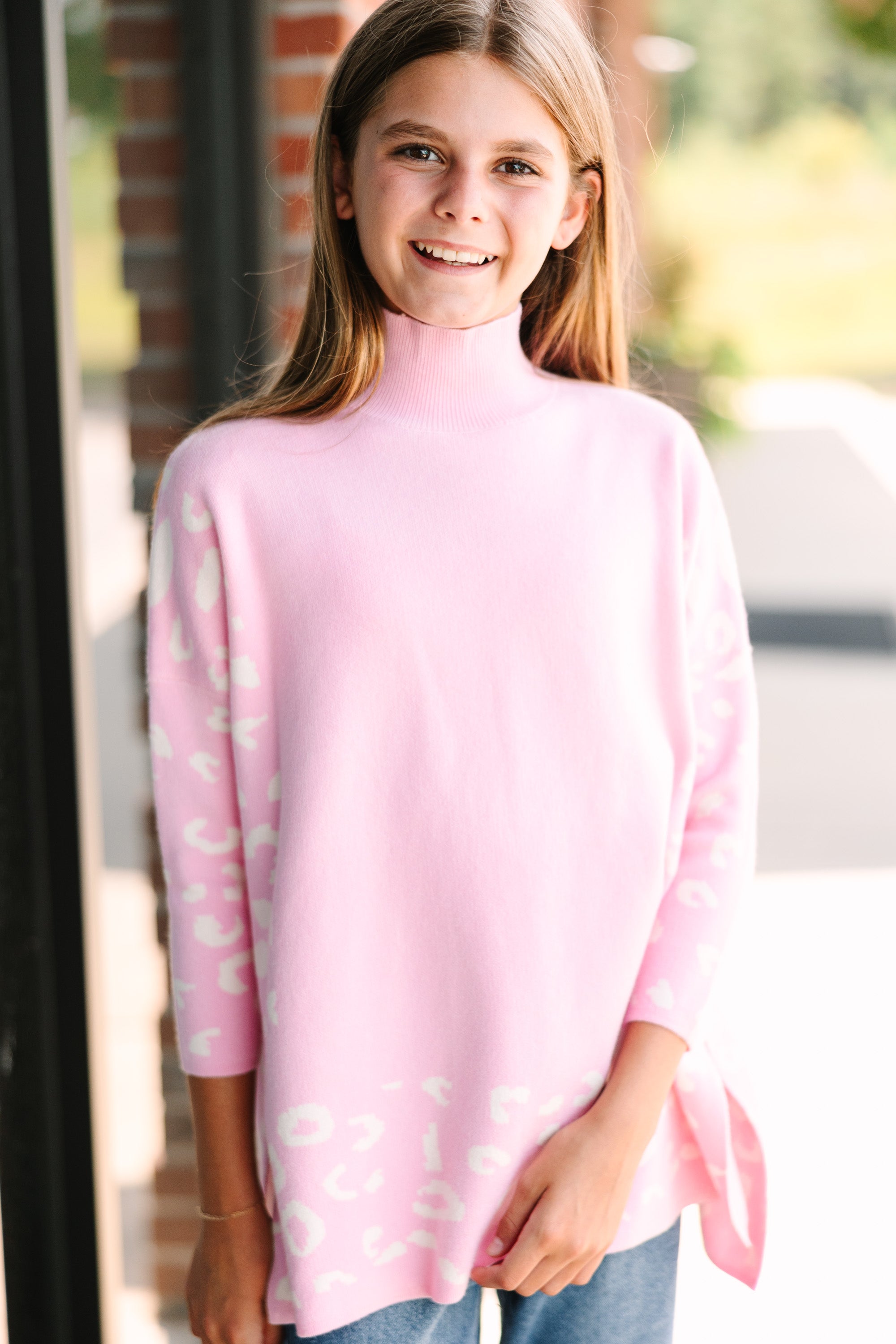 Girls' Pink Leopard 3/4 Sleeve Sweater Tunic - All-In-Theory